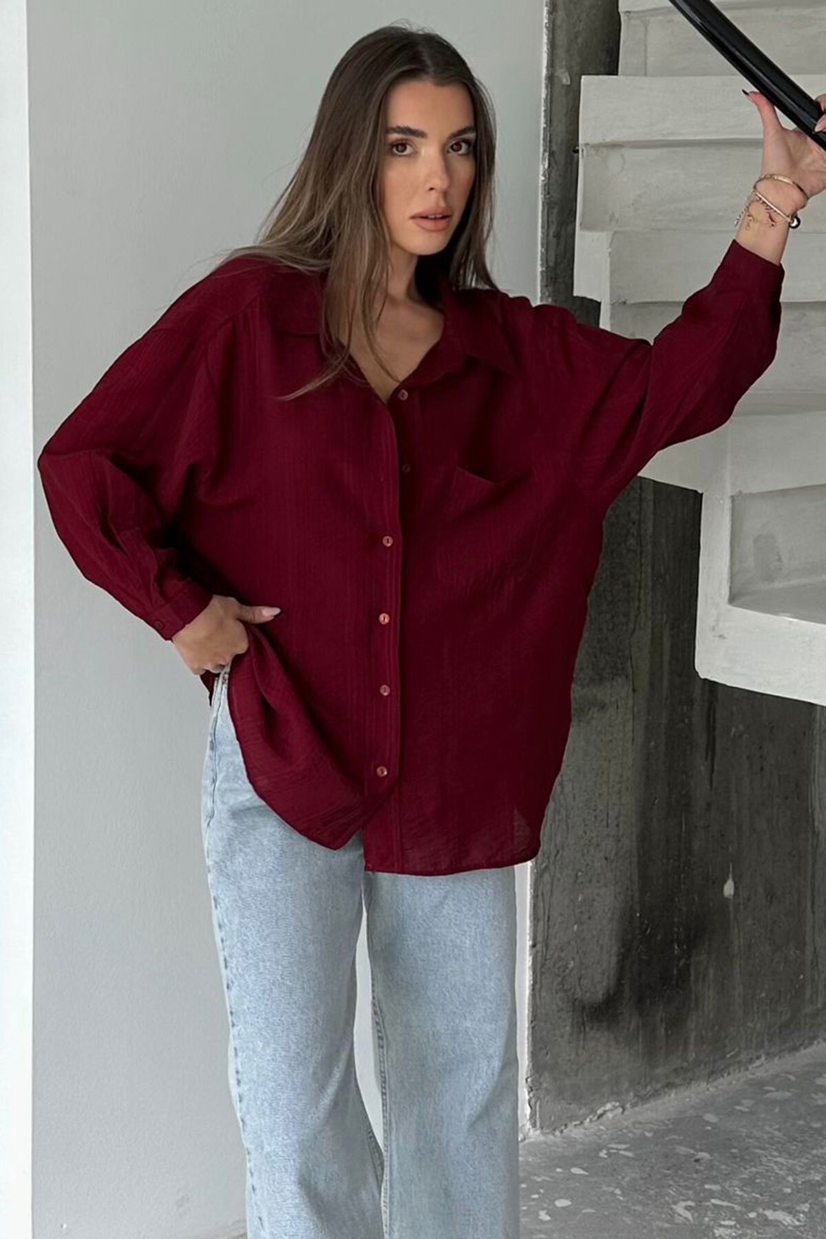 Bordo Tek Cepli Uzun Kol Oversize Gömlek