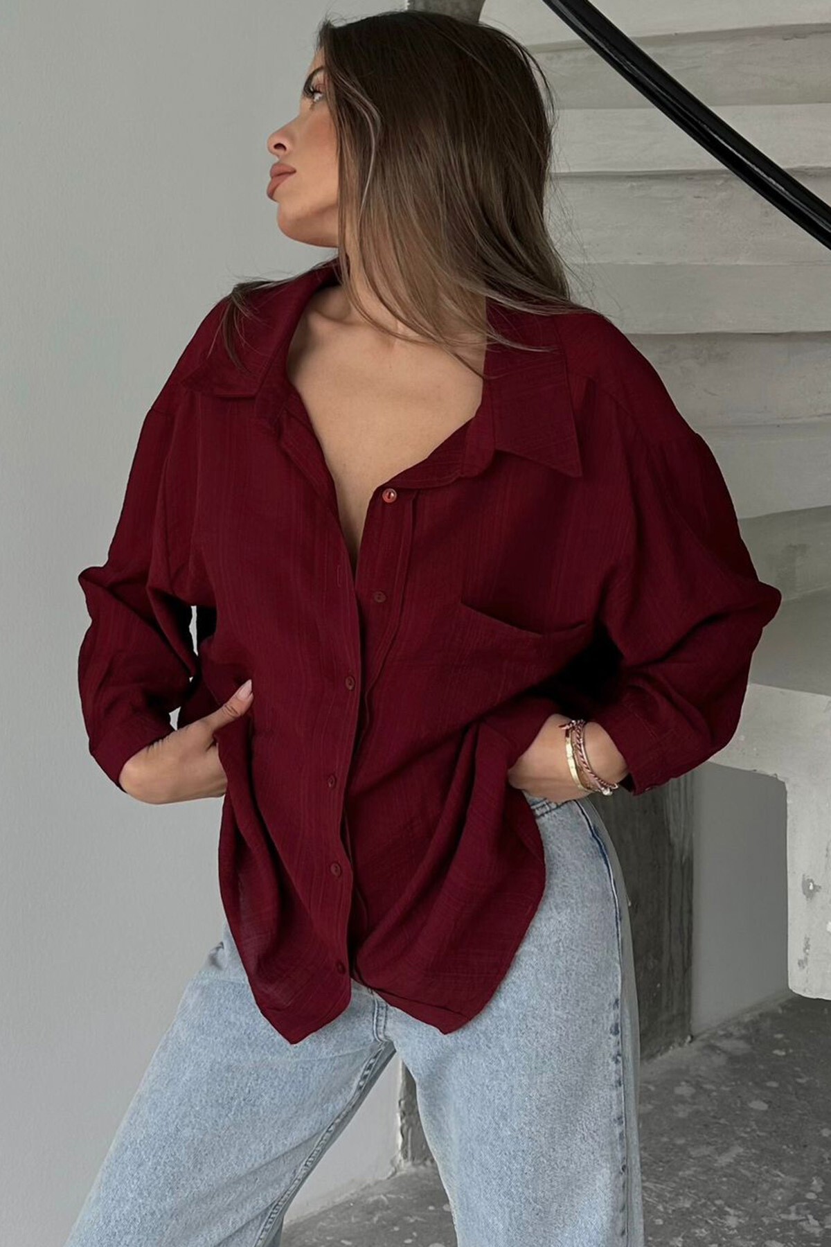 Bordo Tek Cepli Uzun Kol Oversize Gömlek
