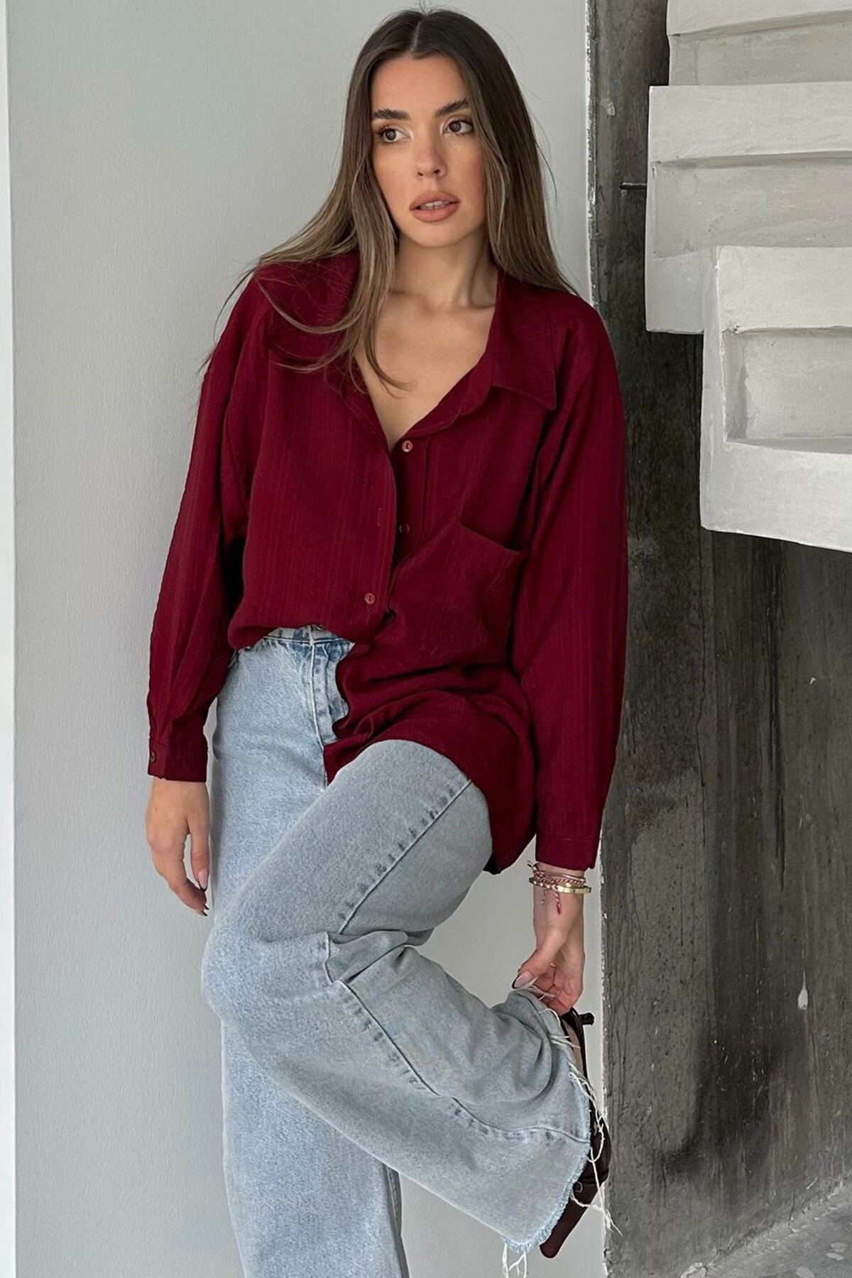 Bordo Tek Cepli Uzun Kol Oversize Gömlek