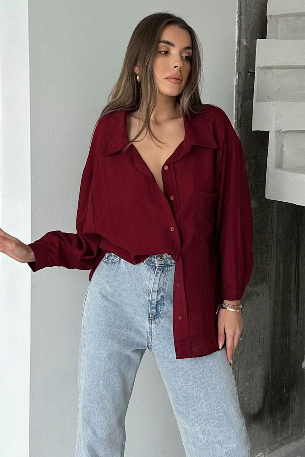 Bordo Tek Cepli Uzun Kol Oversize Gömlek