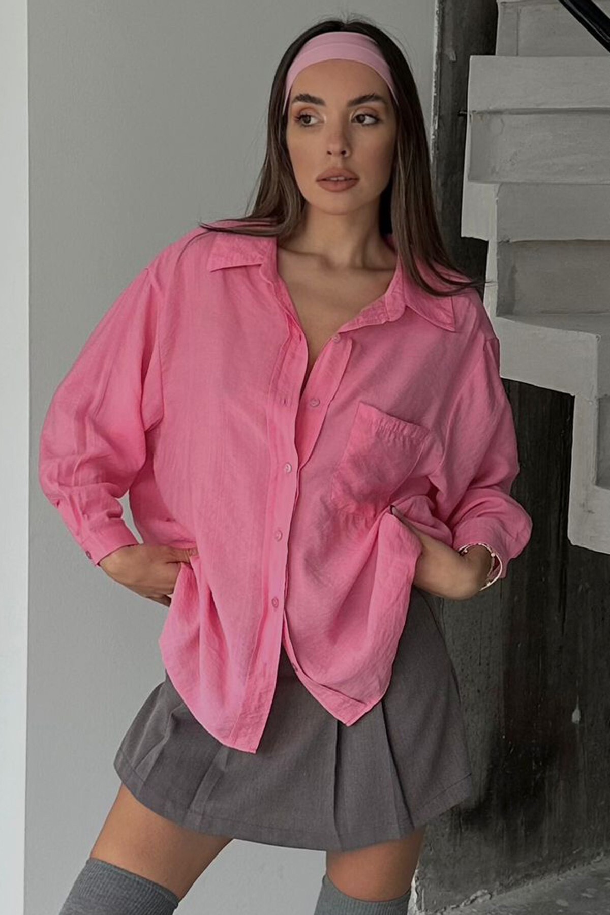 Pembe Tek Cepli Uzun Kol Oversize Gömlek