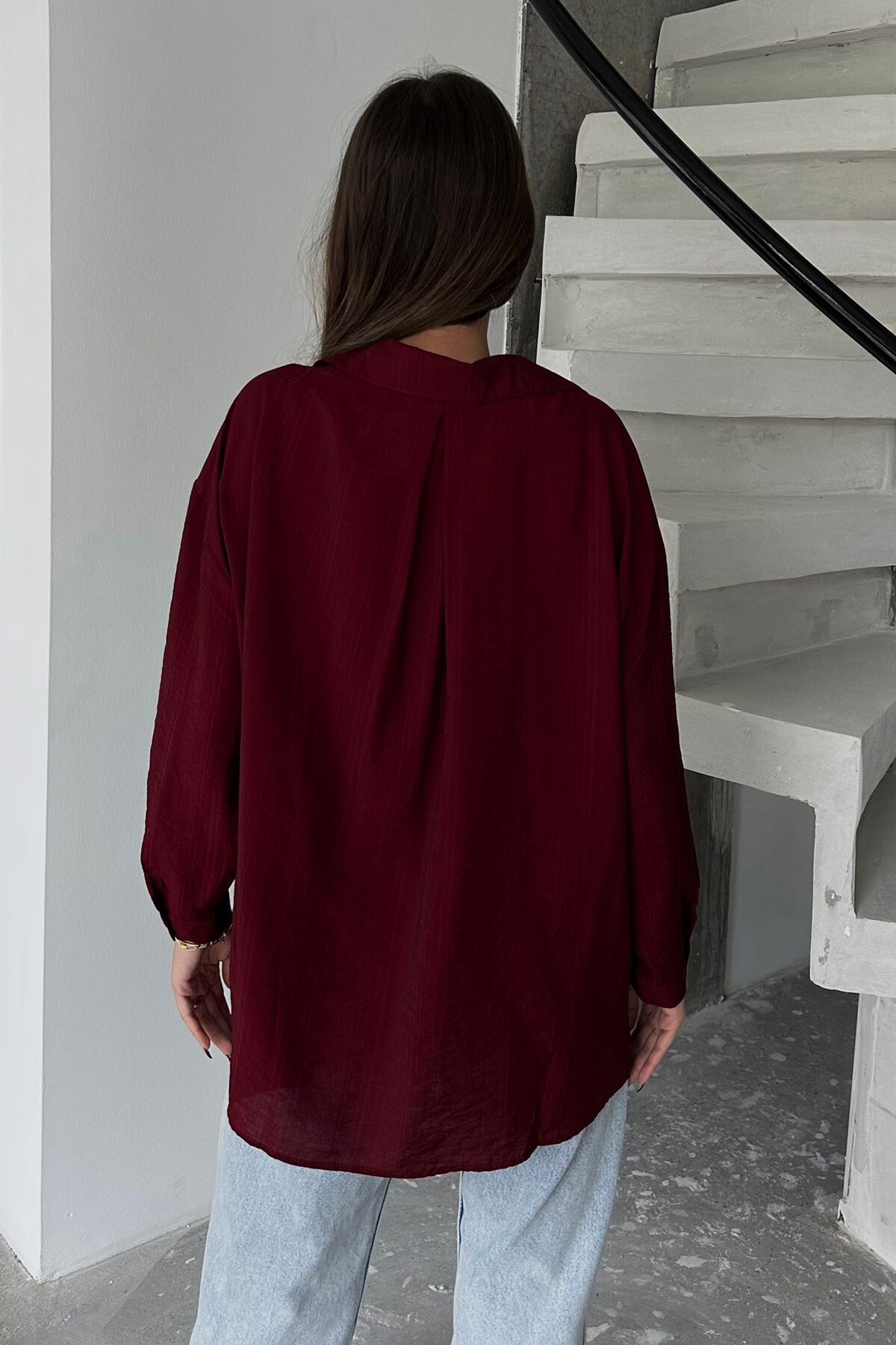 Bordo Tek Cepli Uzun Kol Oversize Gömlek
