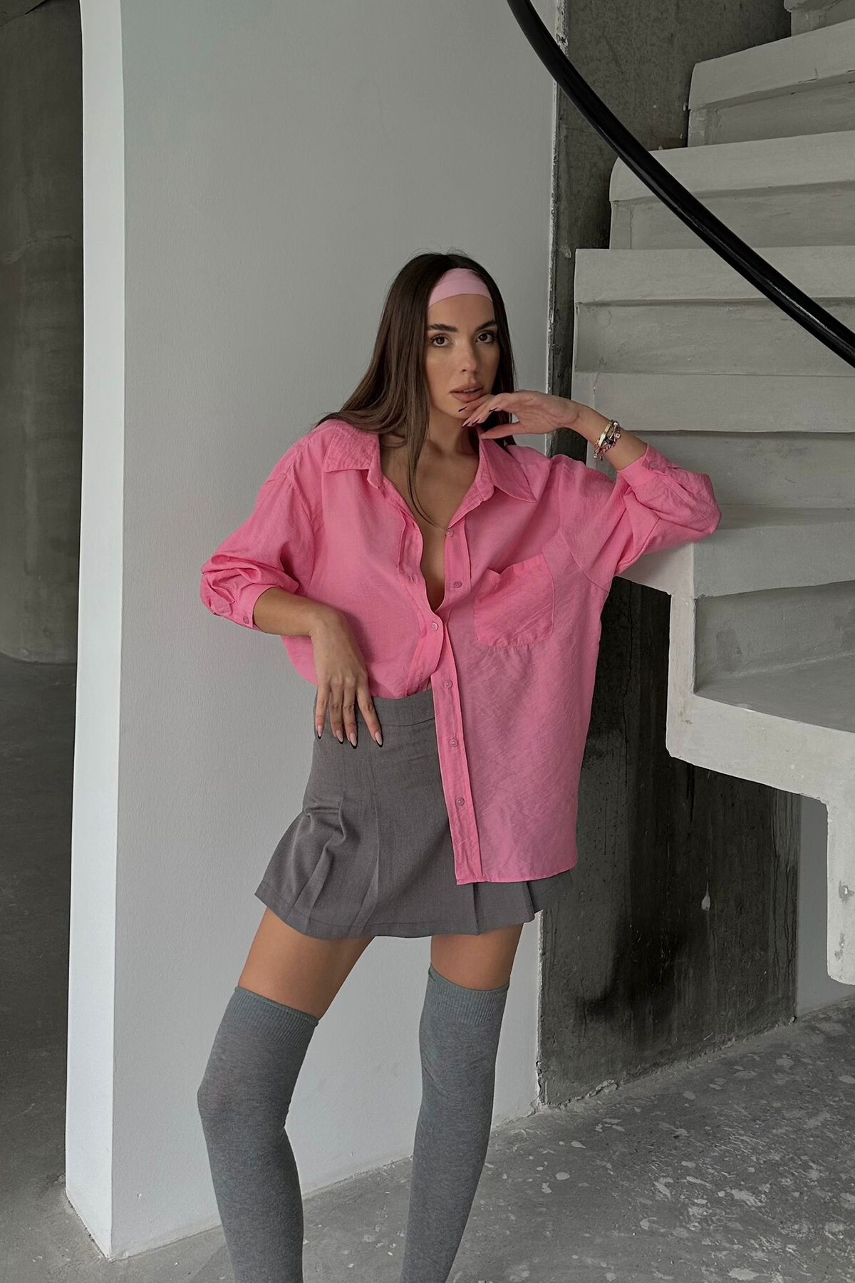 Pembe Tek Cepli Uzun Kol Oversize Gömlek