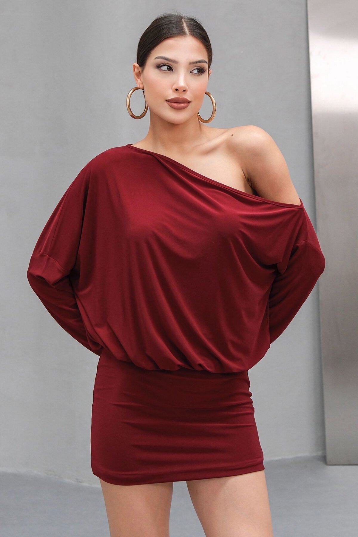 Bordo Tek Omuz Düşük Kollu Mini Elbise