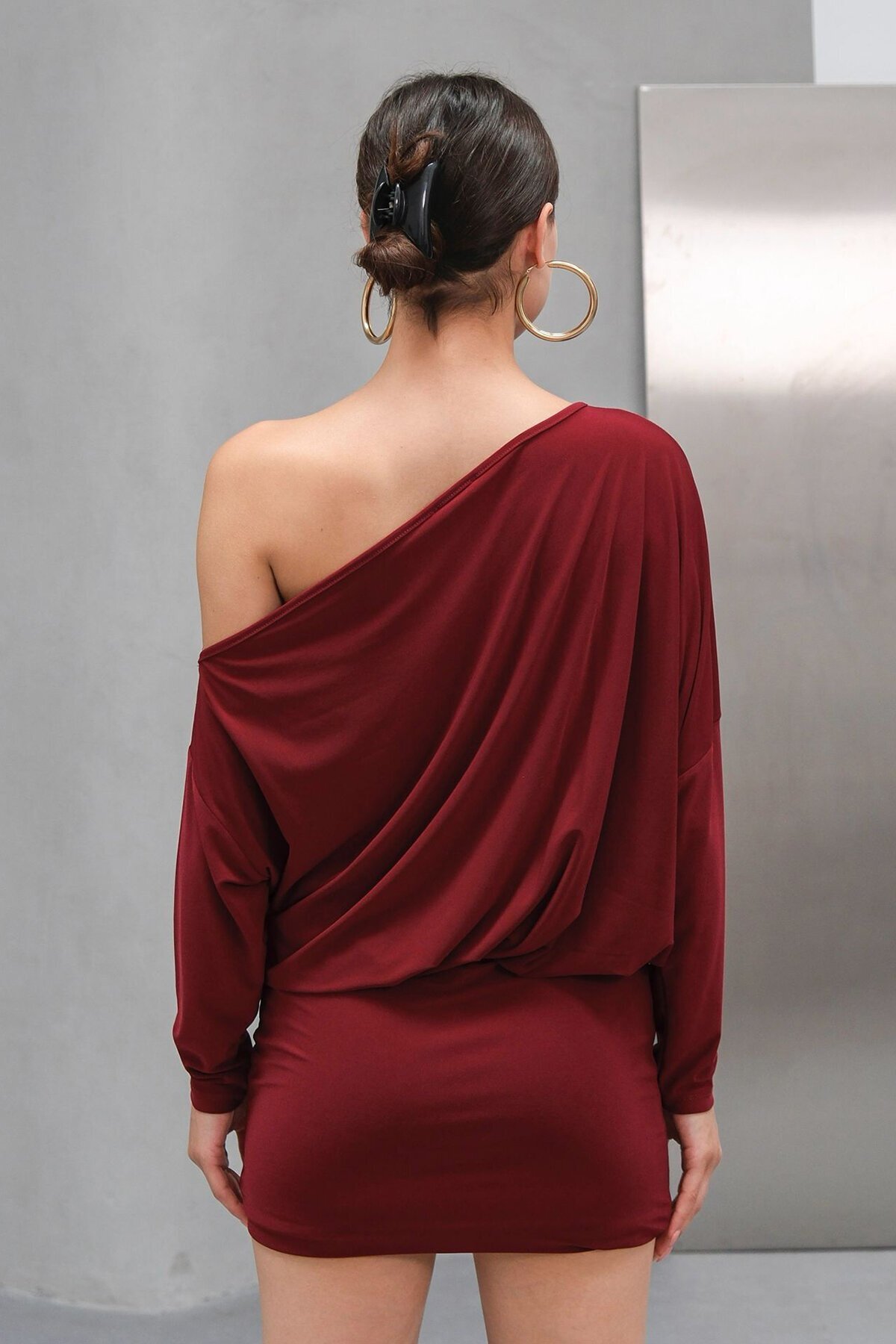 Bordo Tek Omuz Düşük Kollu Mini Elbise