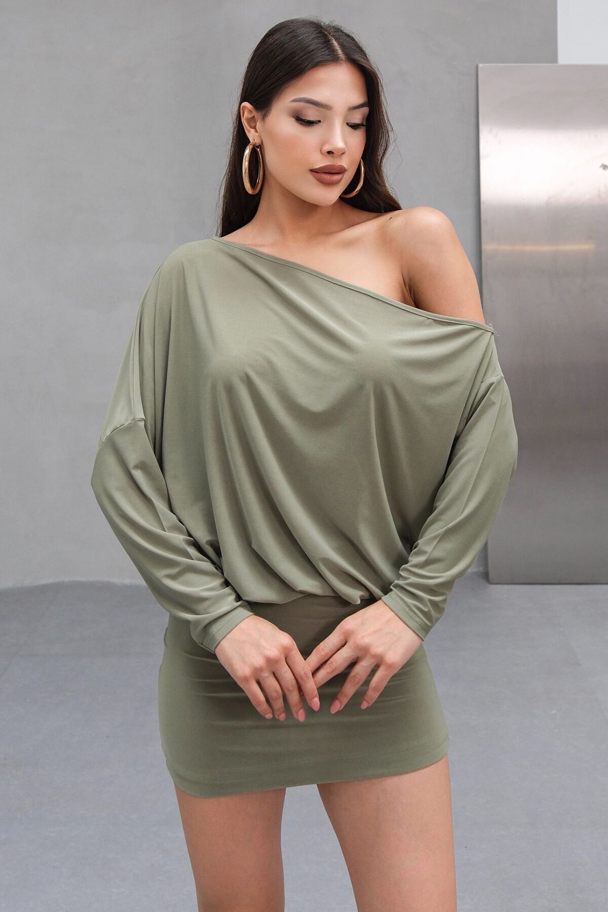 Haki Tek Omuz Düşük Kollu Mini Elbise