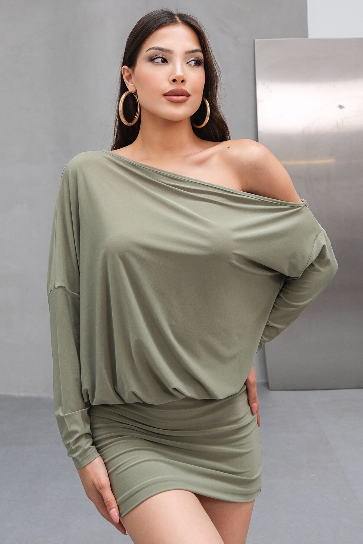 Haki Tek Omuz Düşük Kollu Mini Elbise