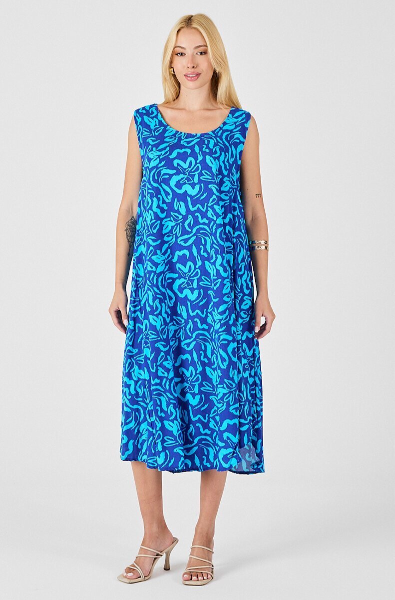 Mavi U Yaka Kolsuz Eteği Asimetrik Kesim Desenli Midi Boy Elbise