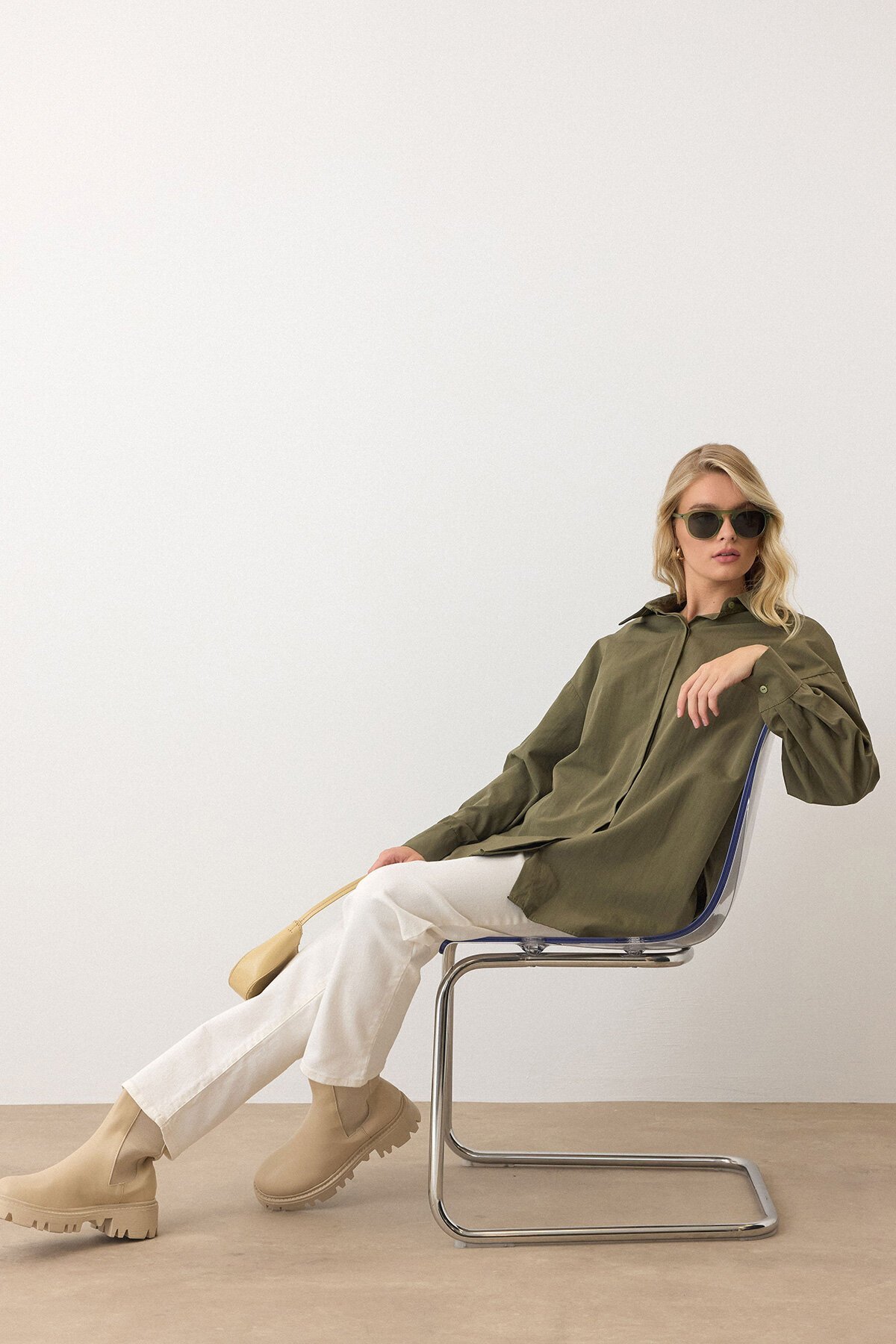 Haki Uzun Kollu Oversize Poplin Gömlek