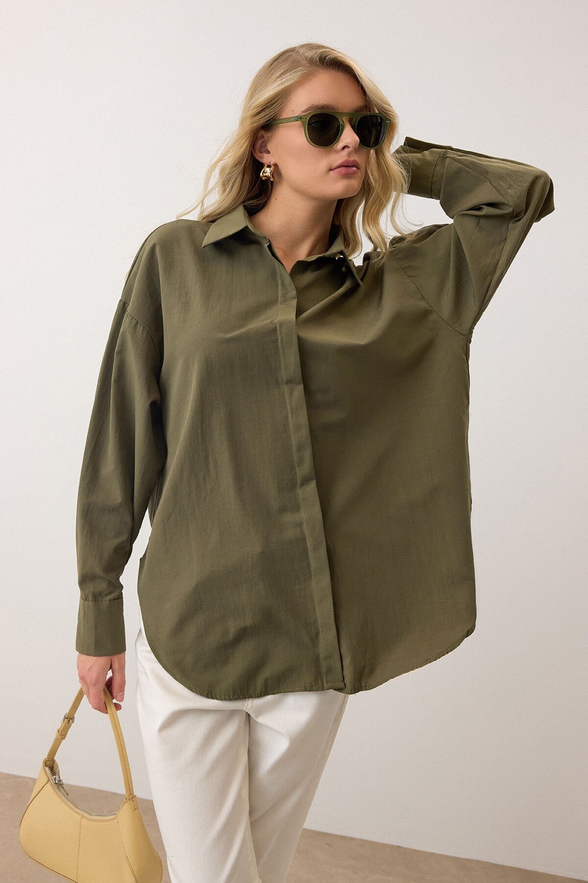 Haki Uzun Kollu Oversize Poplin Gömlek