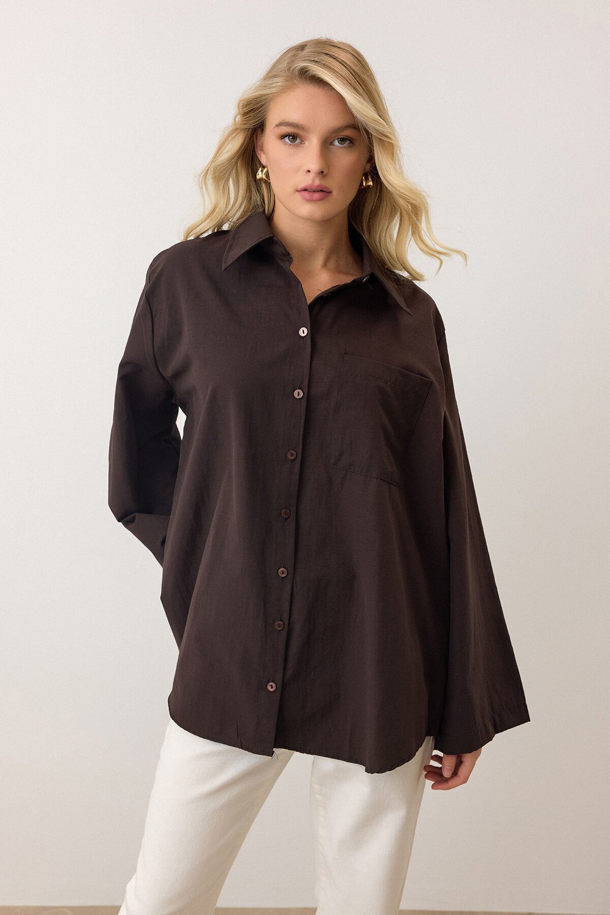 Kahverengi Uzun Kollu Oversize Poplin Gömlek