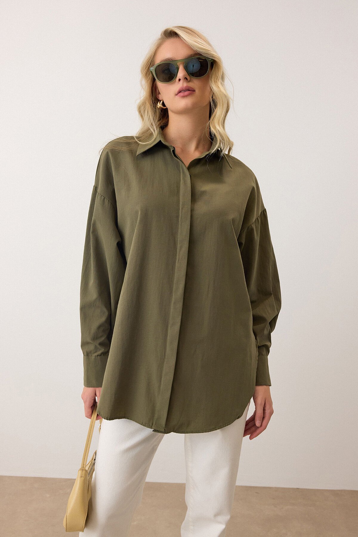 Haki Uzun Kollu Oversize Poplin Gömlek