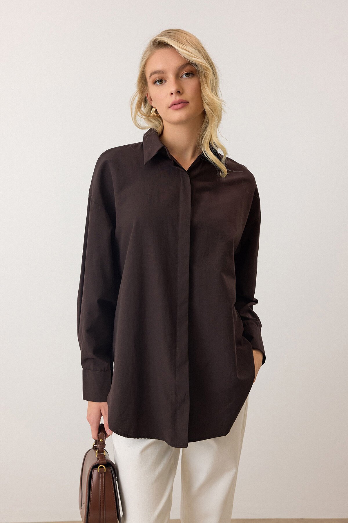 Acı Kahve Uzun Kollu Oversize Poplin Gömlek