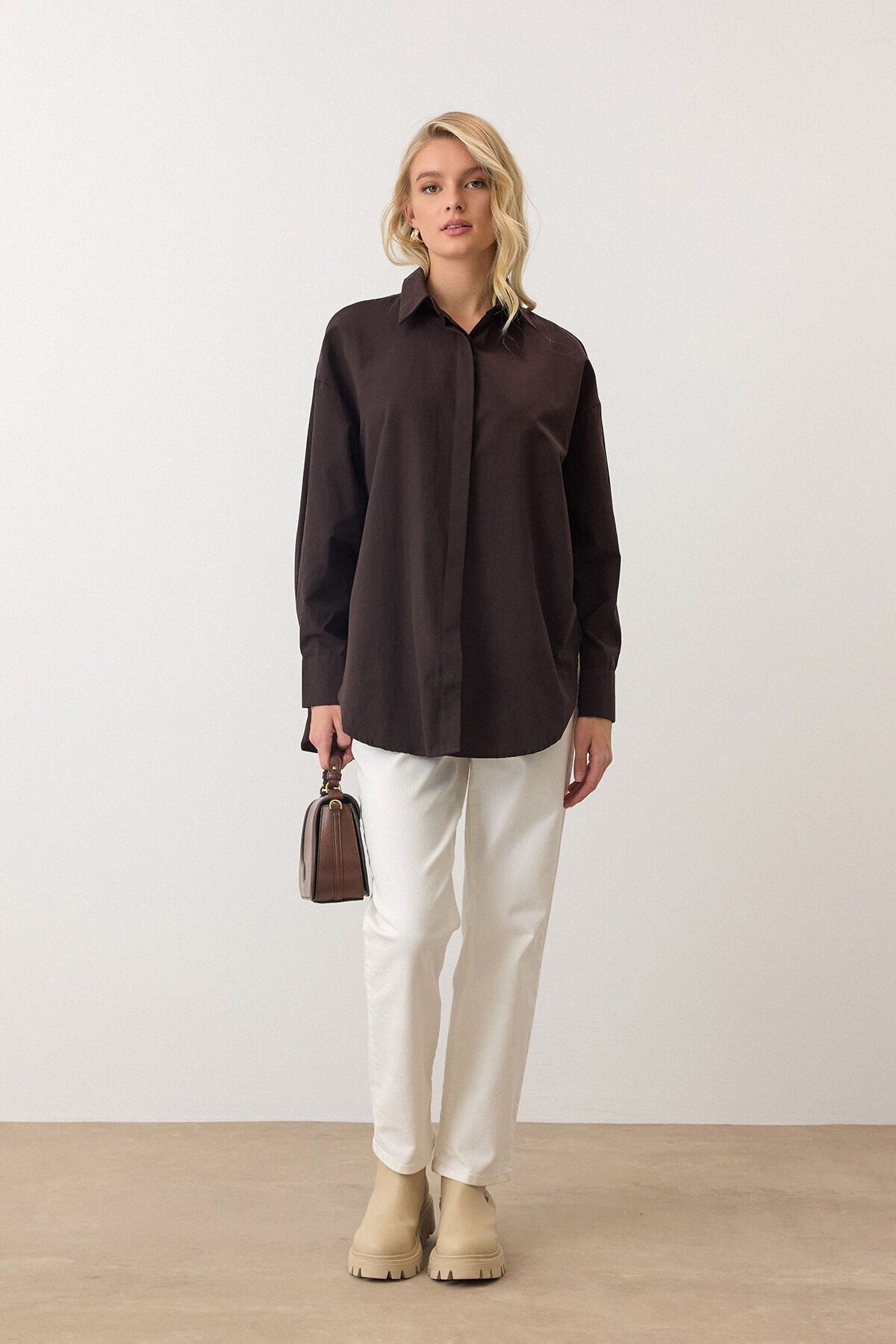 Acı Kahve Uzun Kollu Oversize Poplin Gömlek