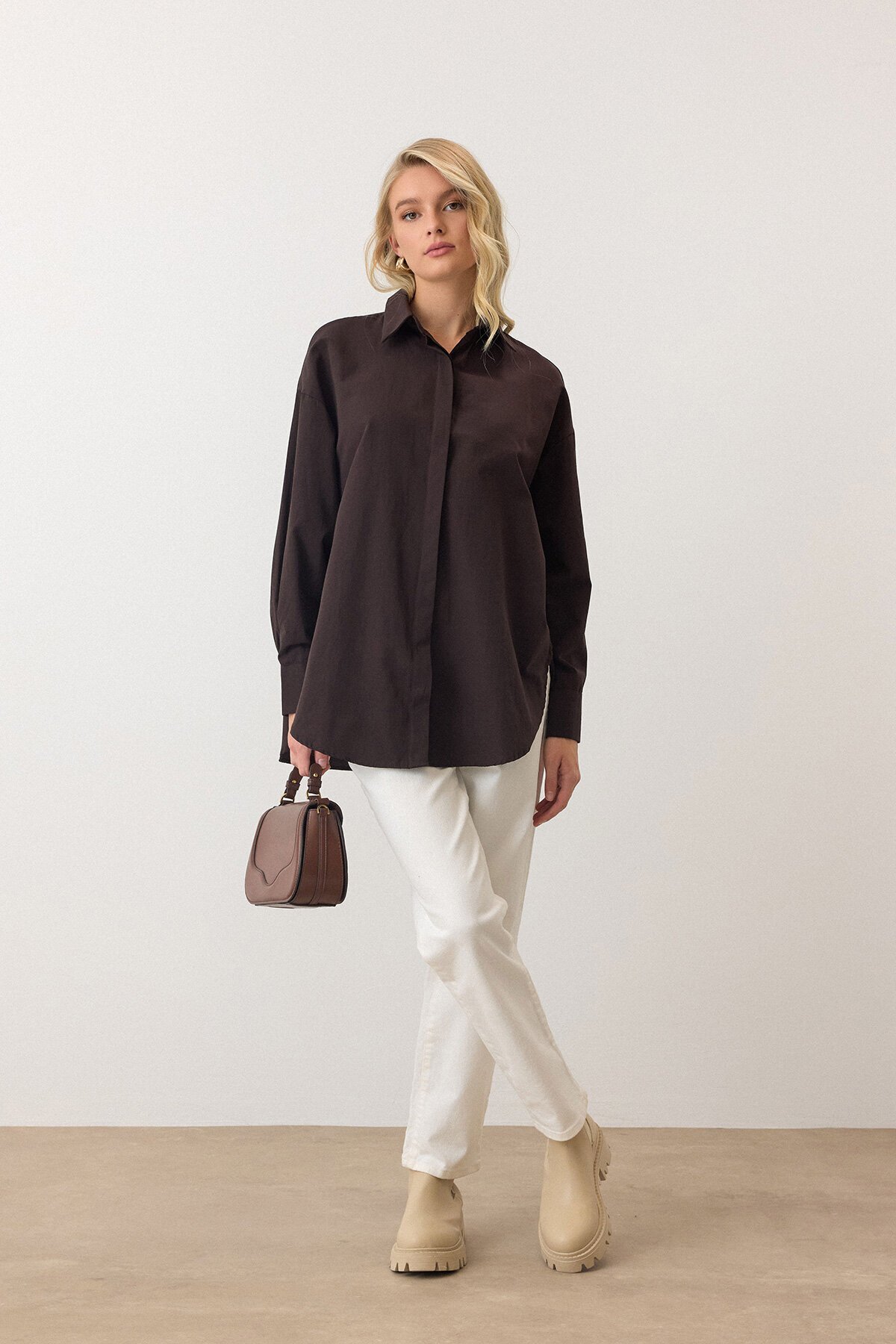 Acı Kahve Uzun Kollu Oversize Poplin Gömlek