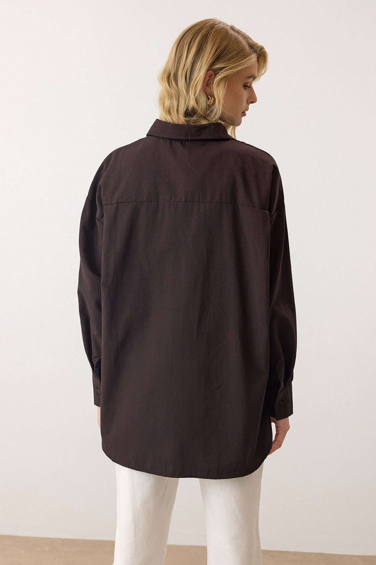 Acı Kahve Uzun Kollu Oversize Poplin Gömlek