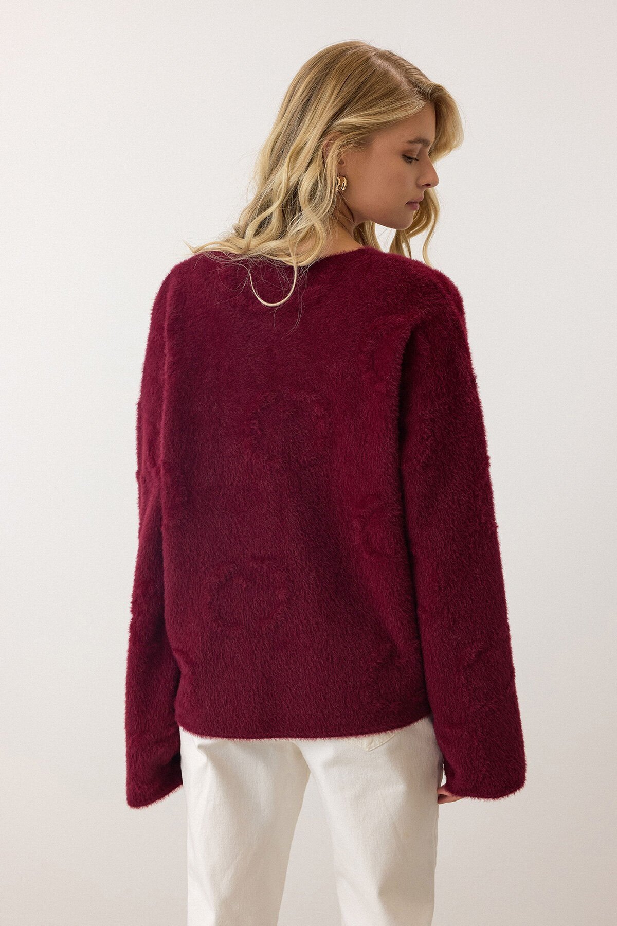 Bordo V Yaka Bağcık Detaylı Desenli Triko Hırka