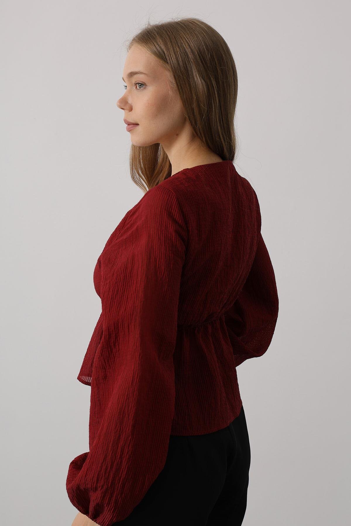 Bordo V Yaka Dantelli Eteği Fırfırlı Bluz