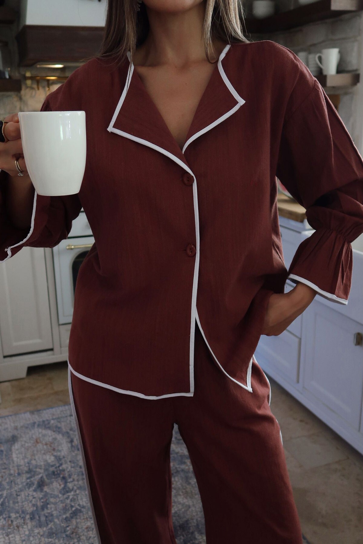 Kiremit V Yaka Kolları Lastikli Keten Alt Üst Takım