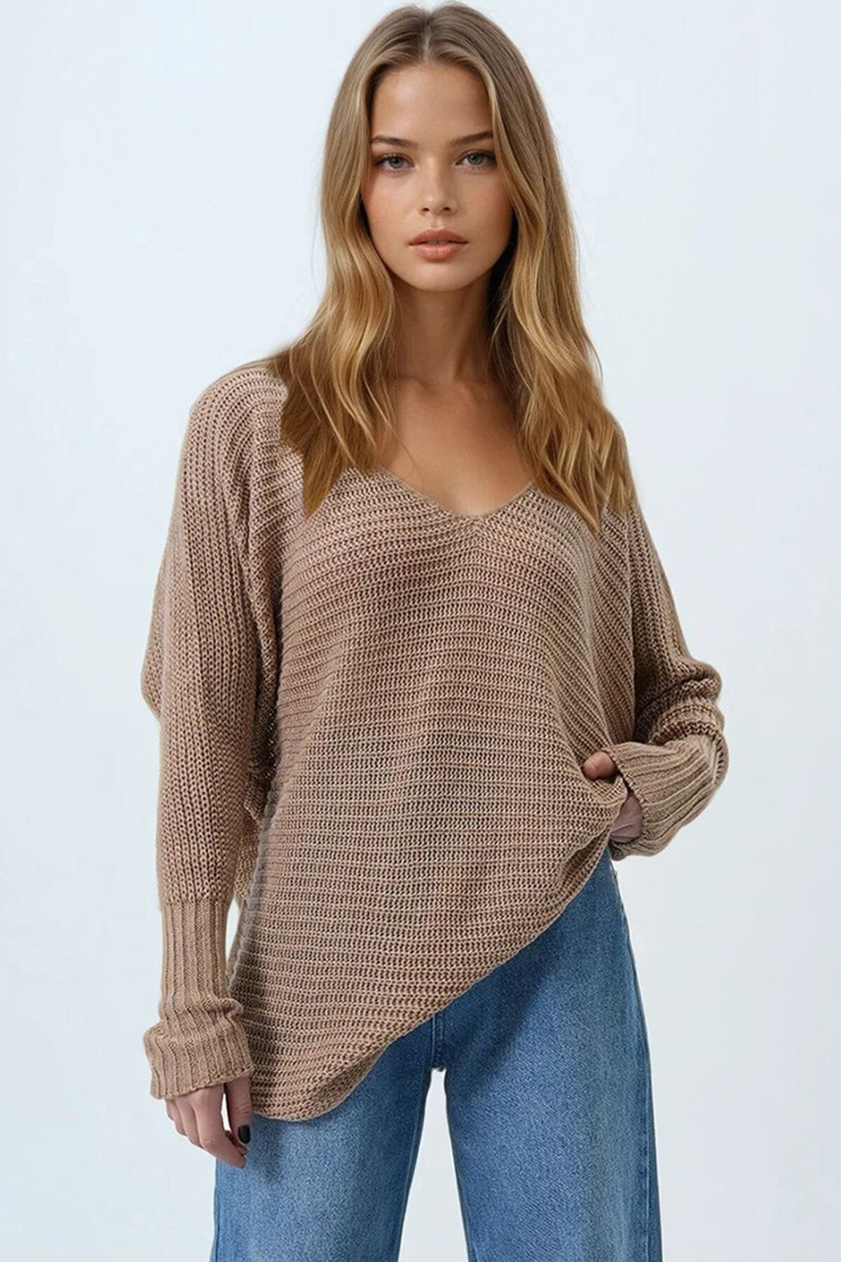 Bej V Yaka Selanik Örgü Oversize Triko Kazak