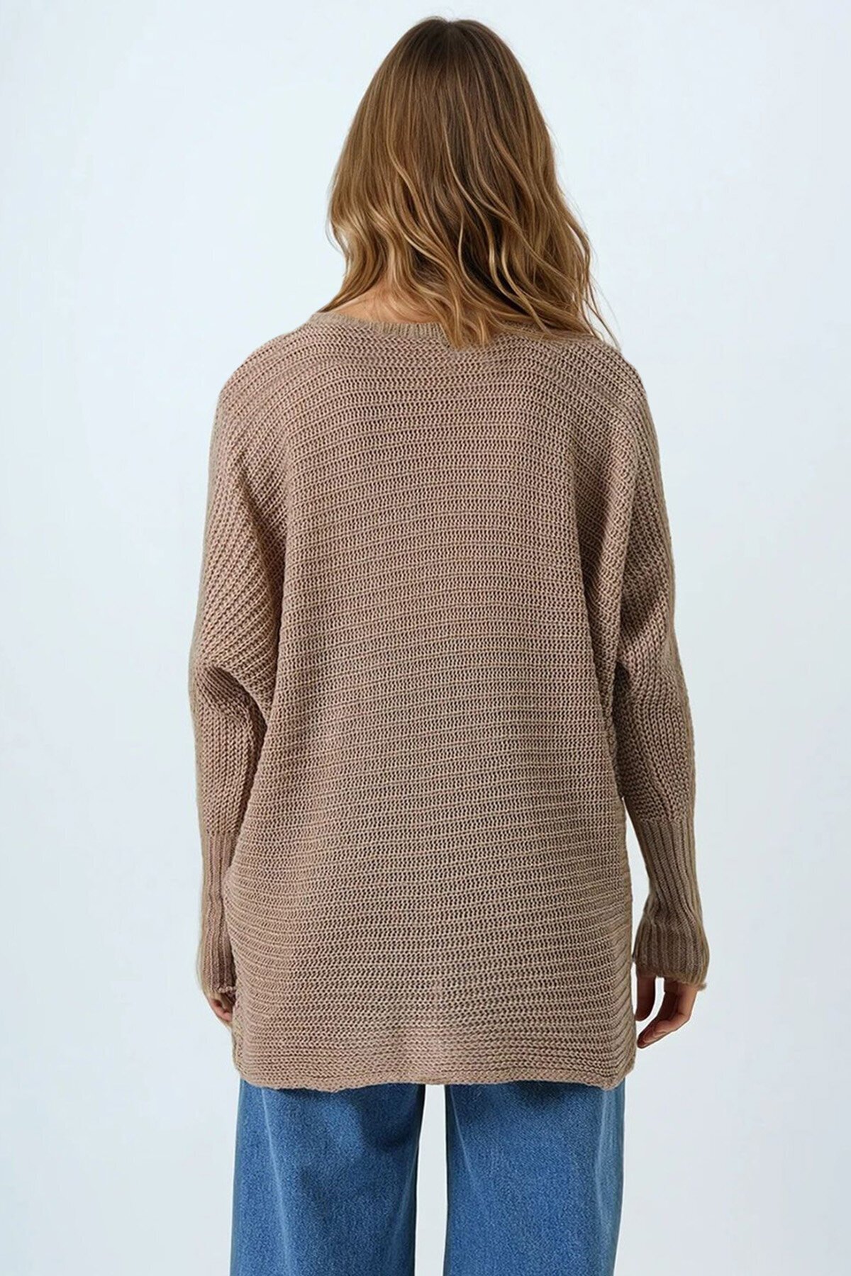 Bej V Yaka Selanik Örgü Oversize Triko Kazak