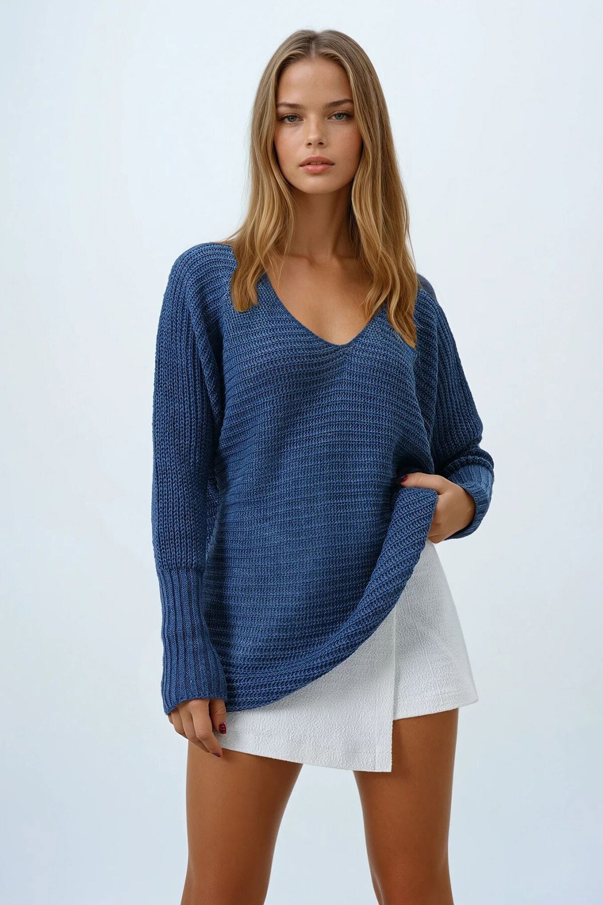 İndigo V Yaka Selanik Örgü Oversize Triko Kazak