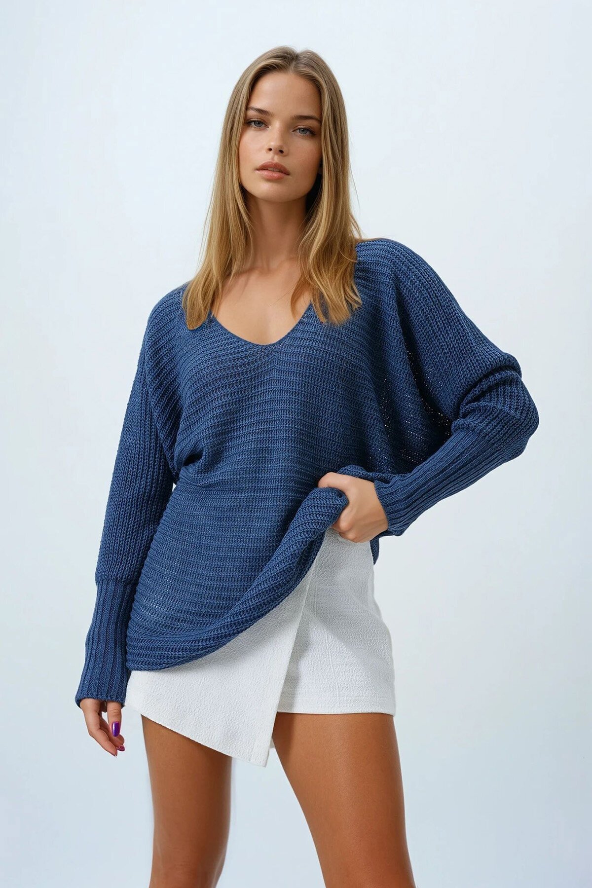 İndigo V Yaka Selanik Örgü Oversize Triko Kazak