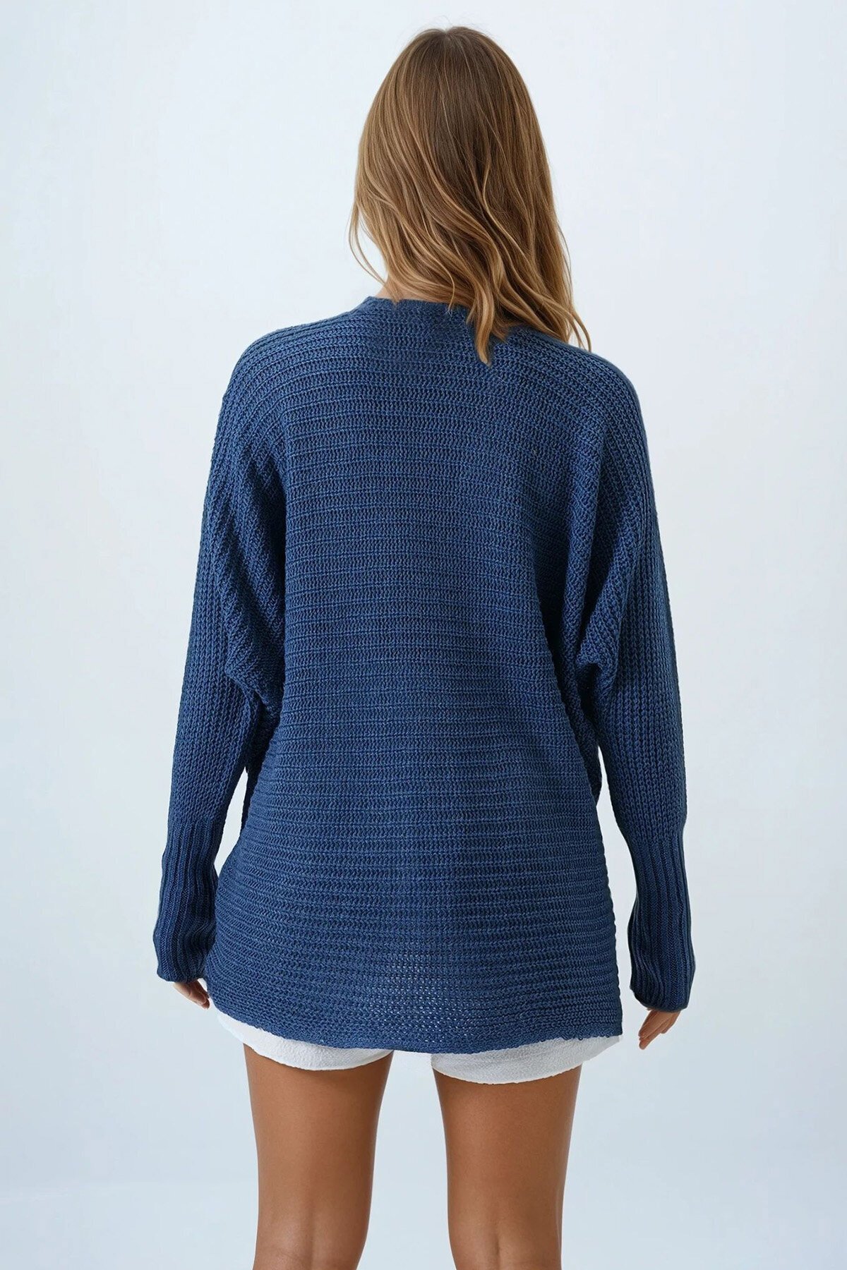 İndigo V Yaka Selanik Örgü Oversize Triko Kazak