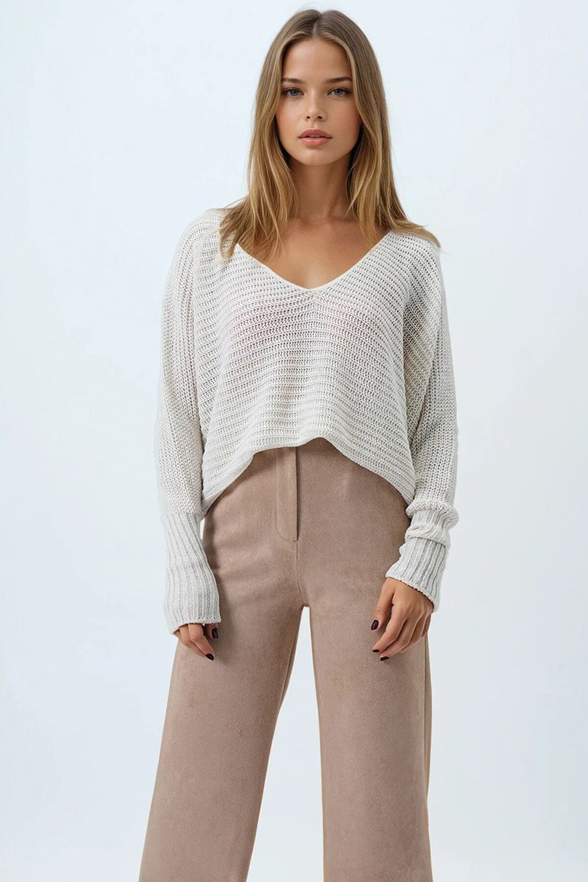 Krem V Yaka Selanik Örgü Oversize Triko Kazak