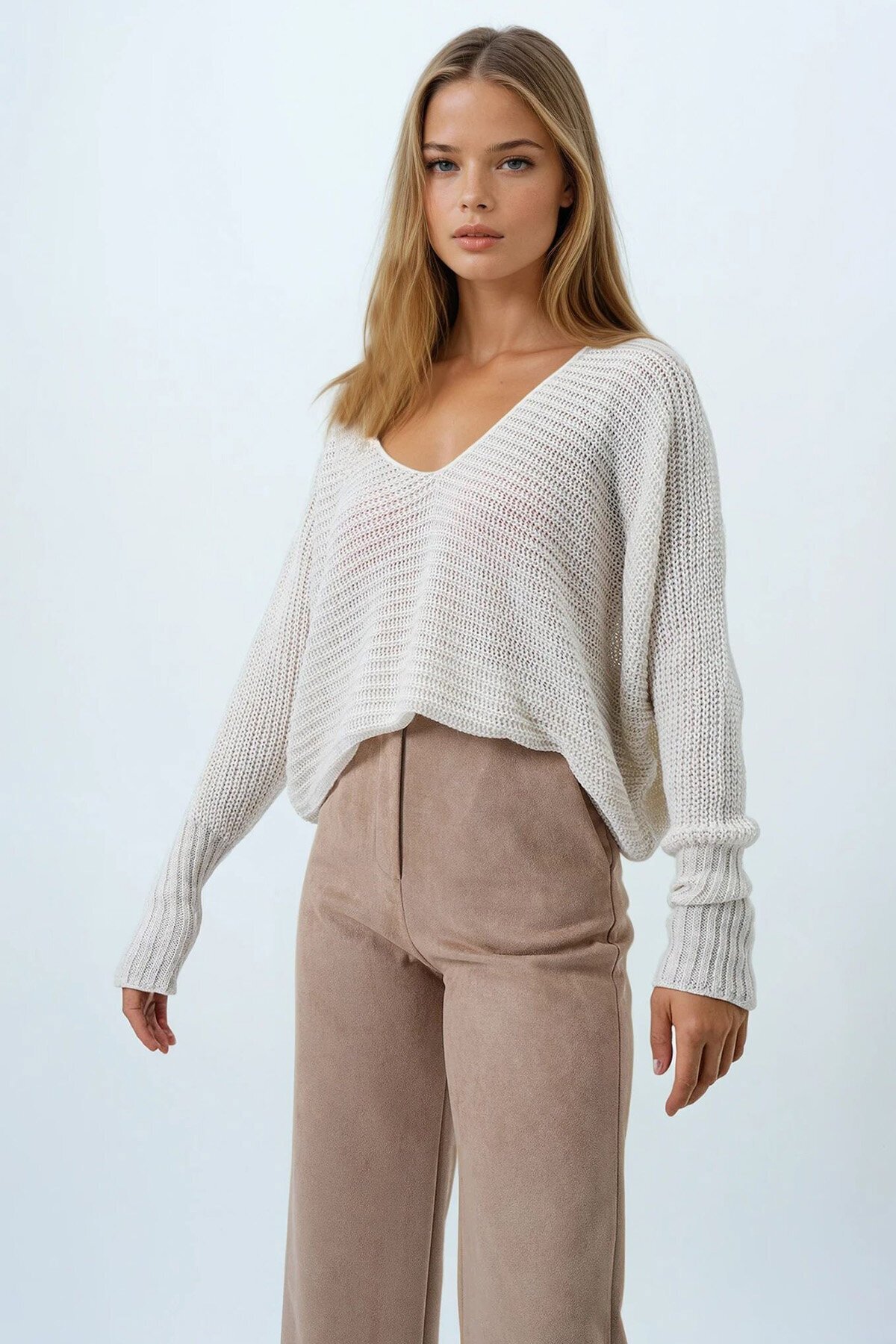 Krem V Yaka Selanik Örgü Oversize Triko Kazak