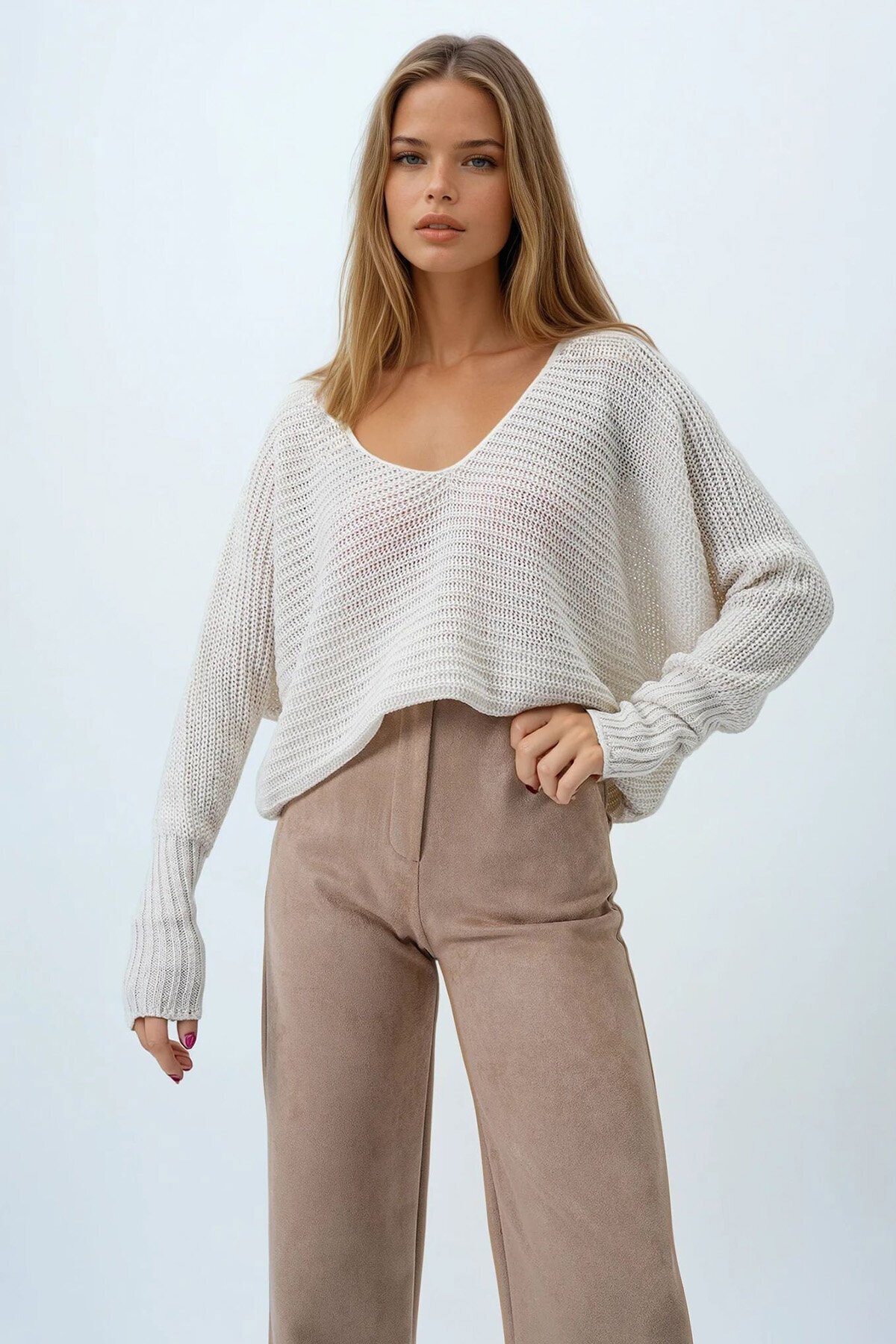 Krem V Yaka Selanik Örgü Oversize Triko Kazak