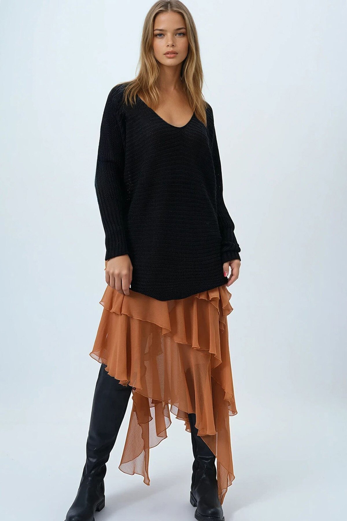 Siyah V Yaka Selanik Örgü Oversize Triko Kazak