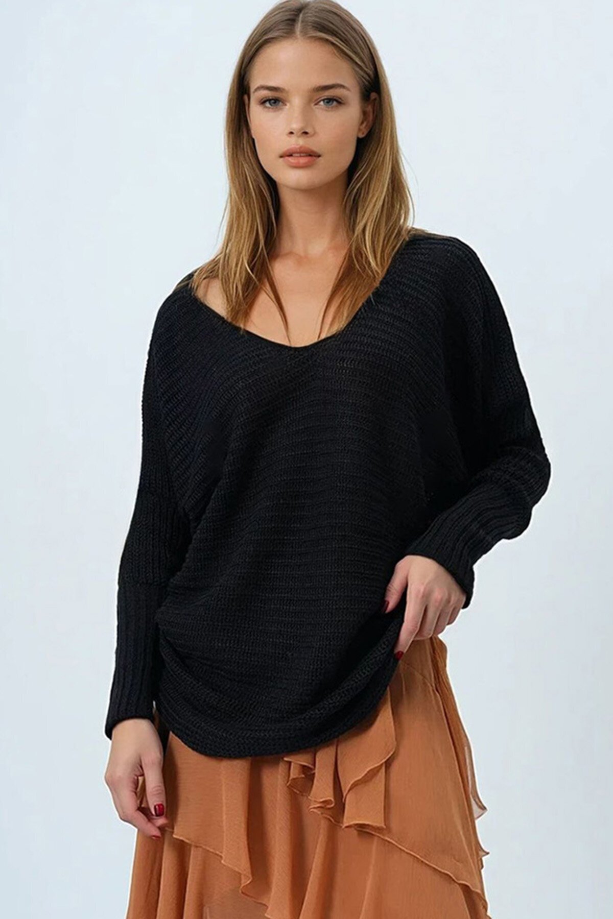 Siyah V Yaka Selanik Örgü Oversize Triko Kazak