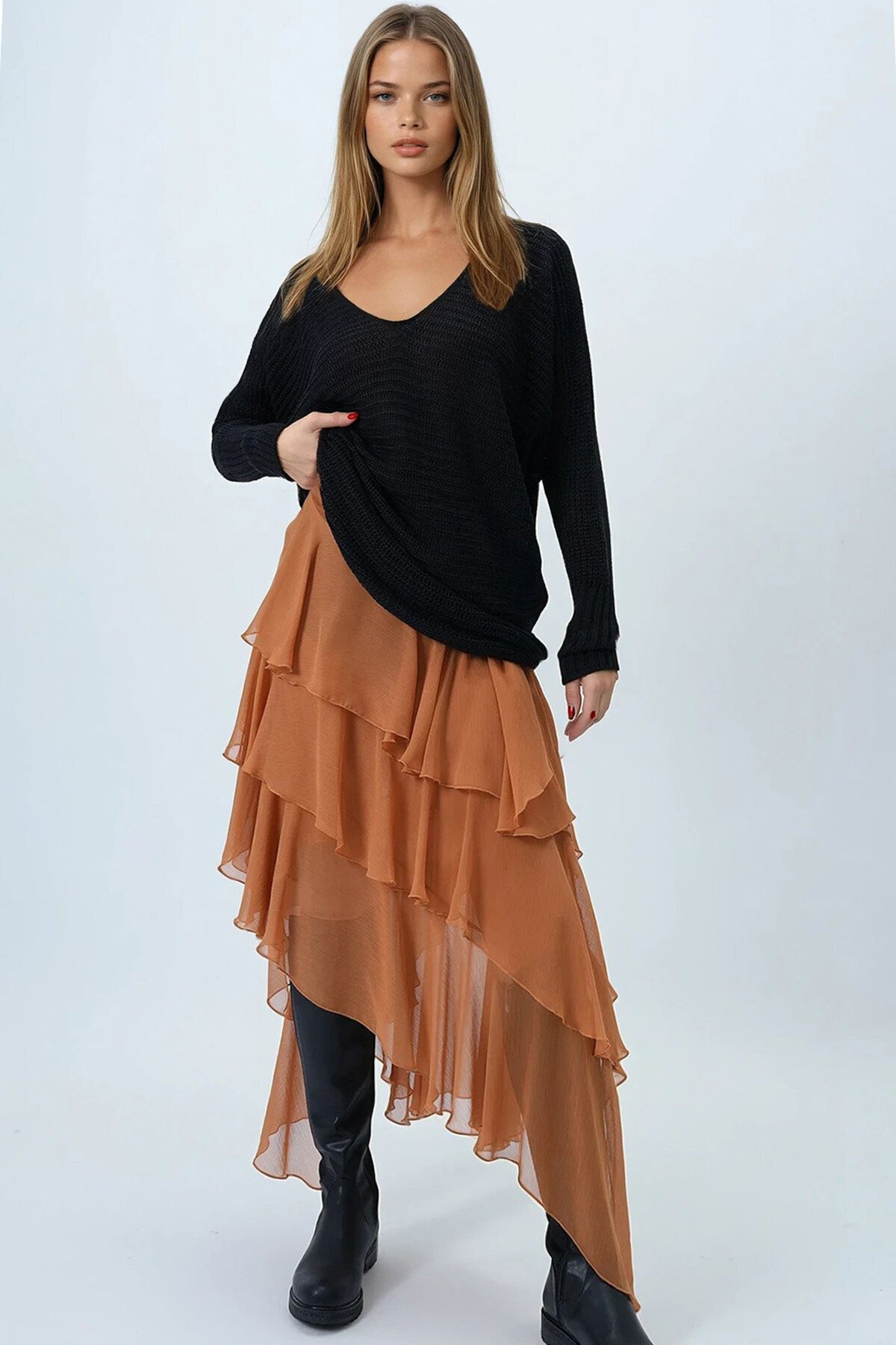 Siyah V Yaka Selanik Örgü Oversize Triko Kazak