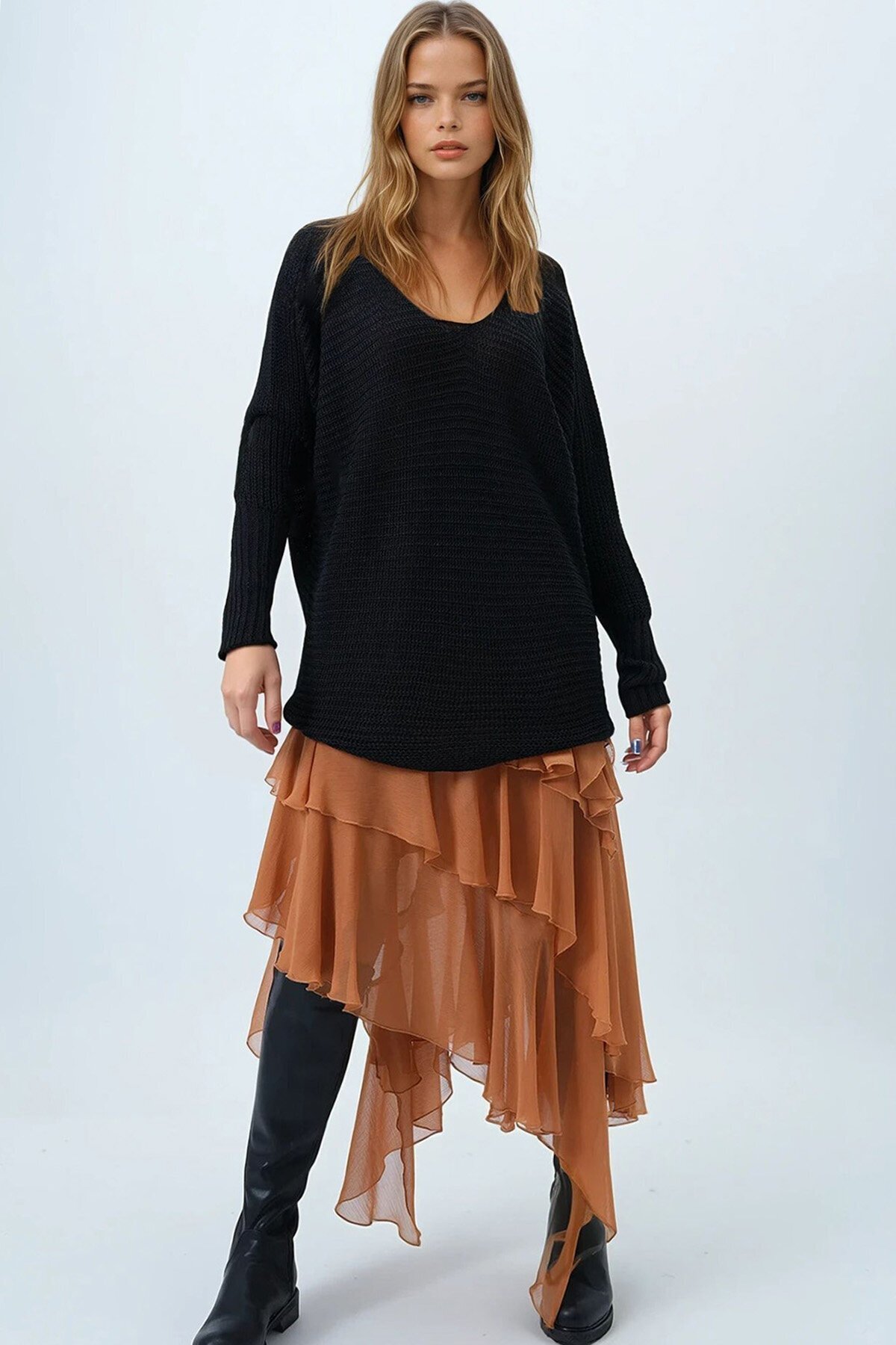 Siyah V Yaka Selanik Örgü Oversize Triko Kazak