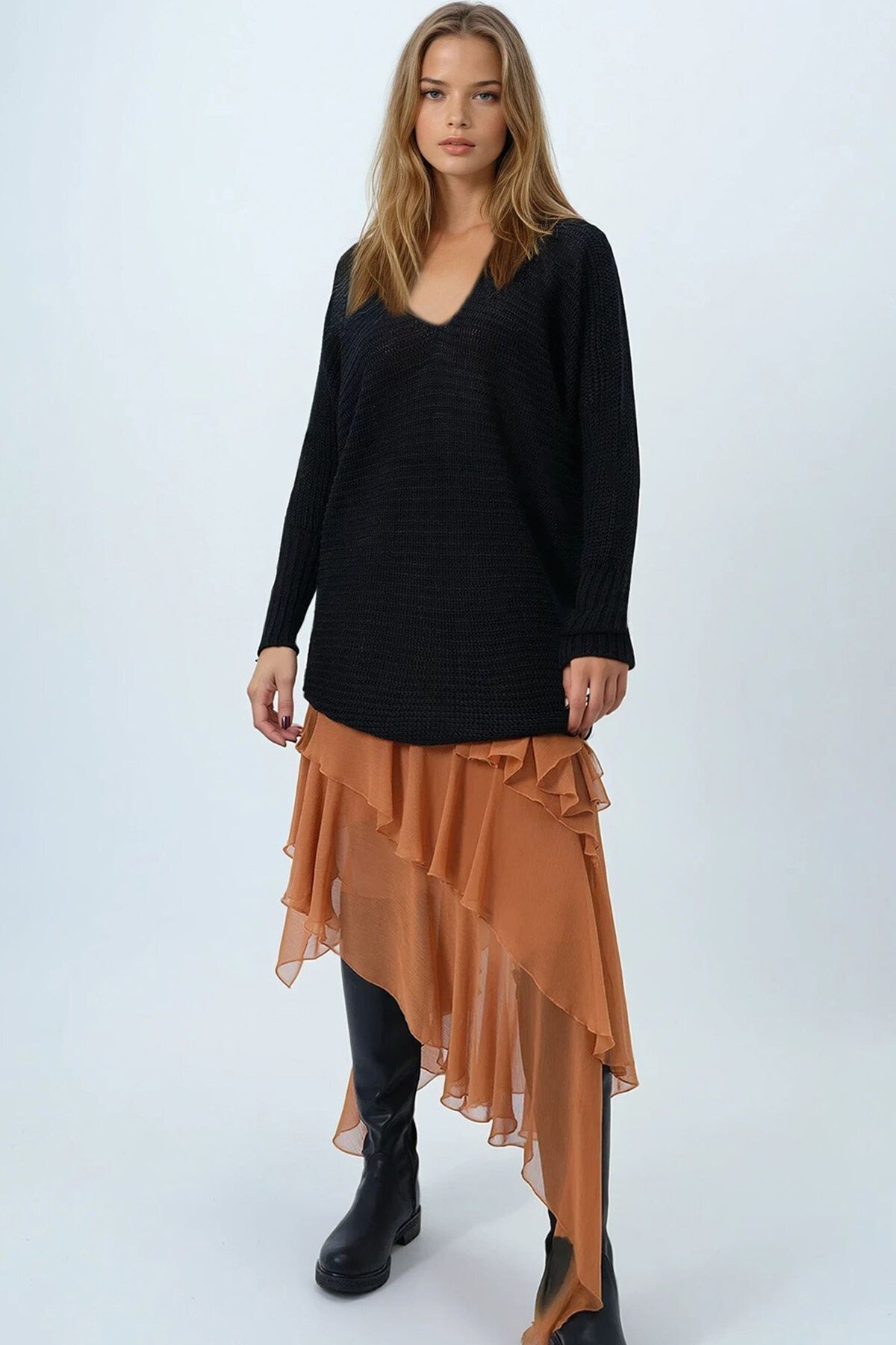 Siyah V Yaka Selanik Örgü Oversize Triko Kazak