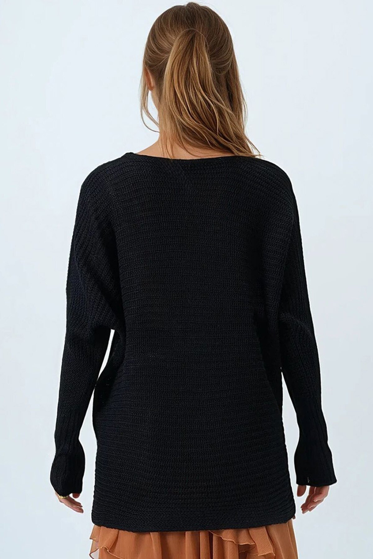 Siyah V Yaka Selanik Örgü Oversize Triko Kazak