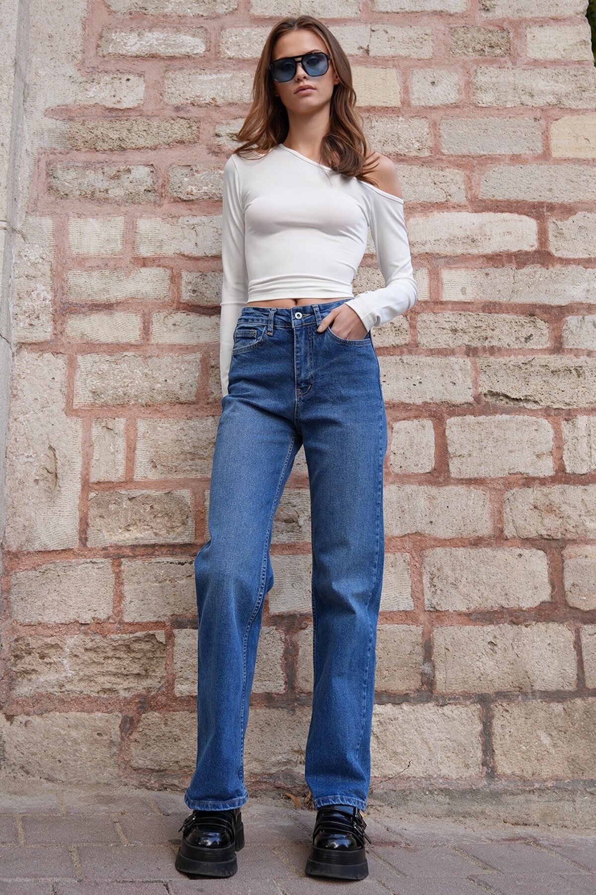 5 Cepli Eskitmeli Yüksek Bel Düz Paça Jean