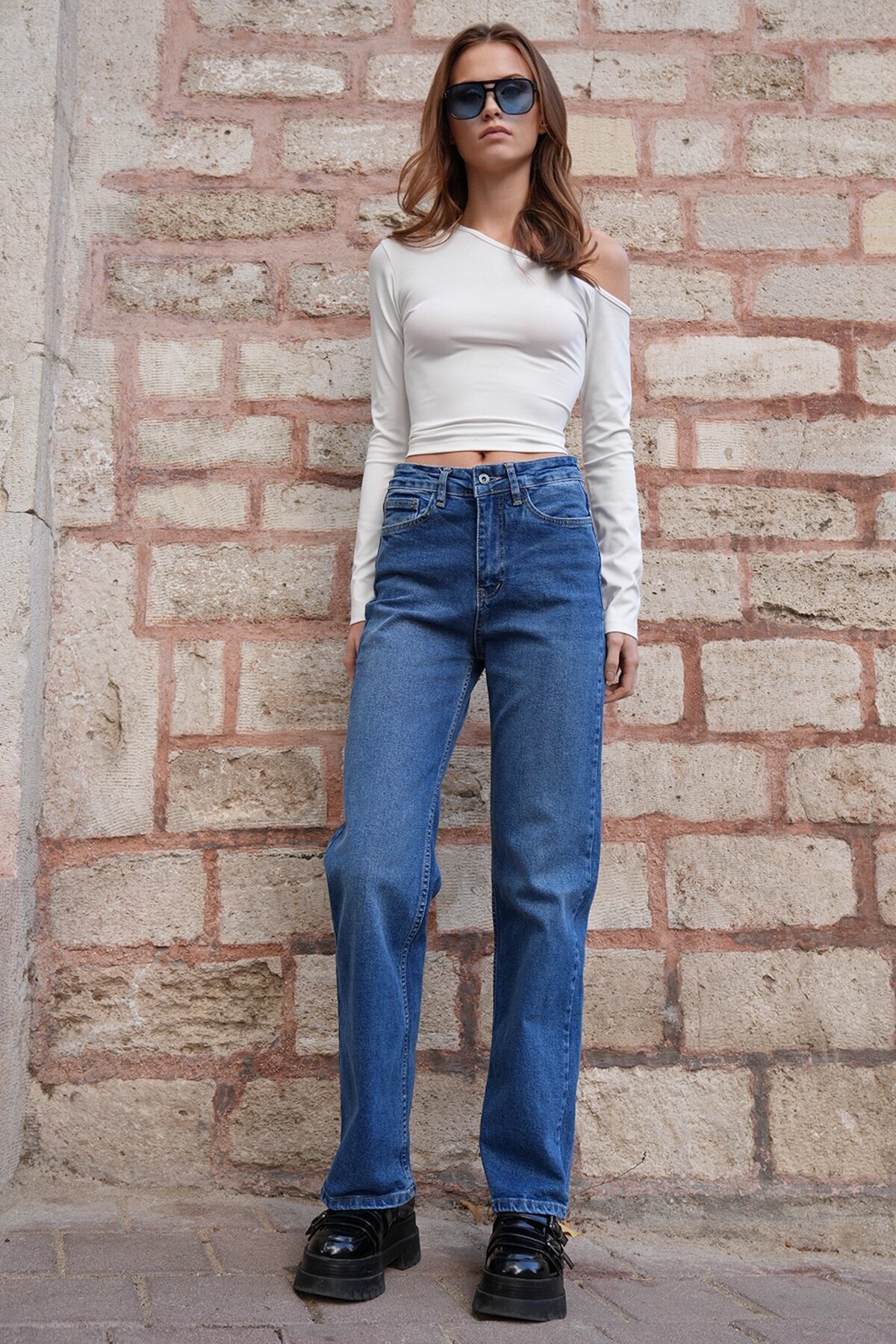 5 Cepli Eskitmeli Yüksek Bel Düz Paça Jean