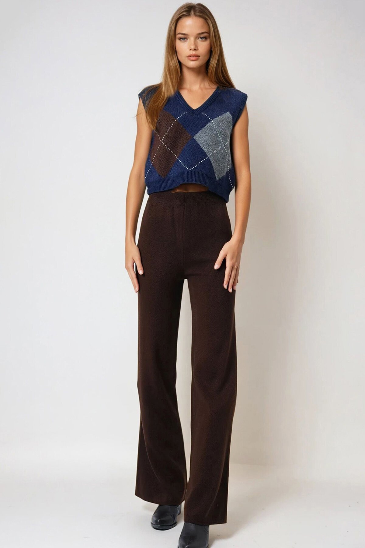 Acı Kahve Yüksek Bel Beli Lastikli Triko Palazzo Pantolon