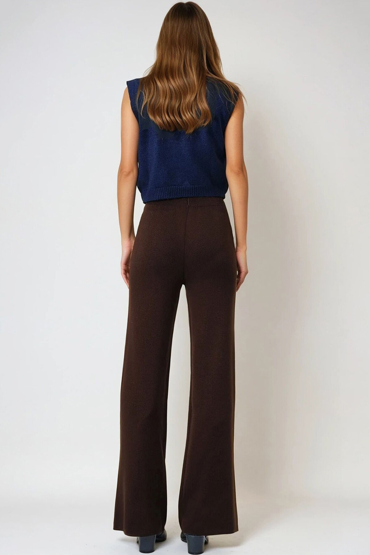 Acı Kahve Yüksek Bel Beli Lastikli Triko Palazzo Pantolon