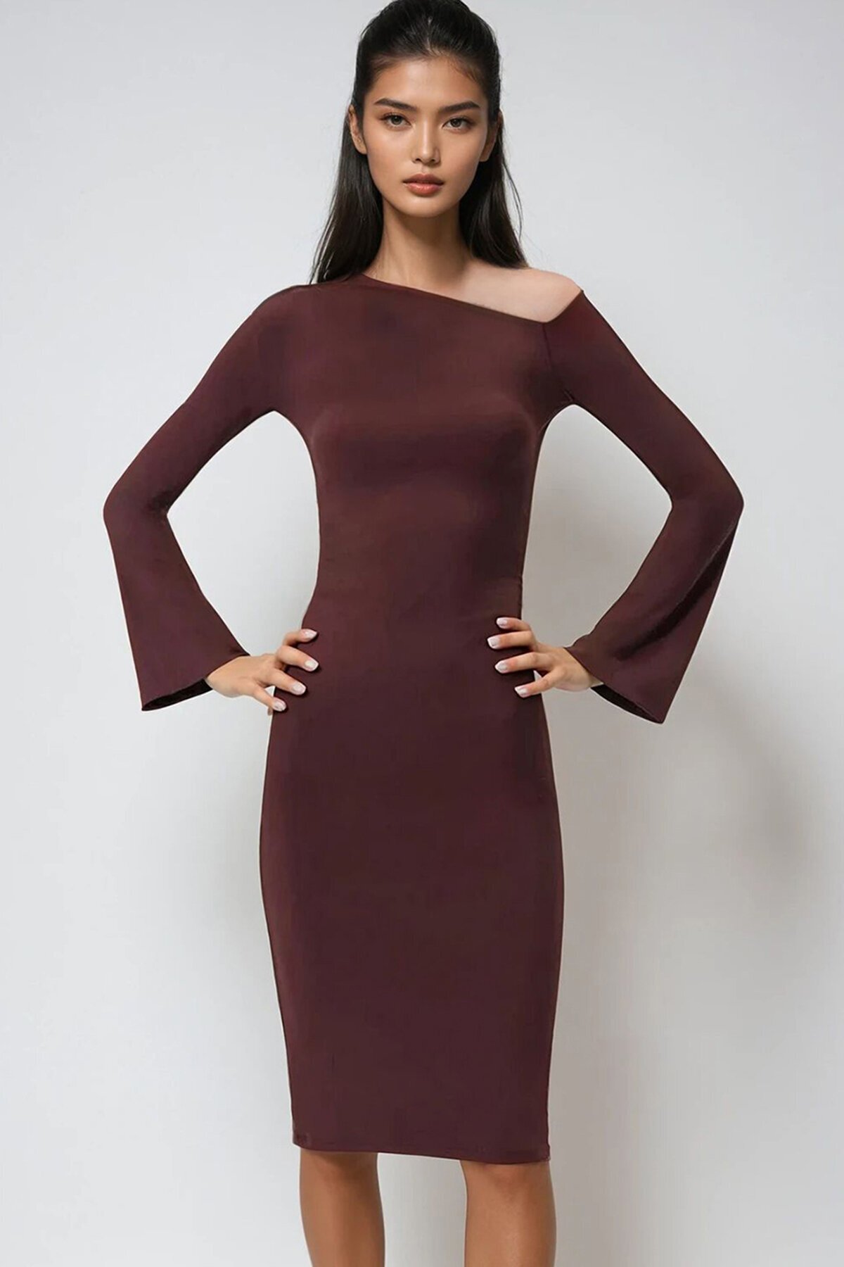 Asimetrik Yaka Beli Drapeli Sandy Elbise