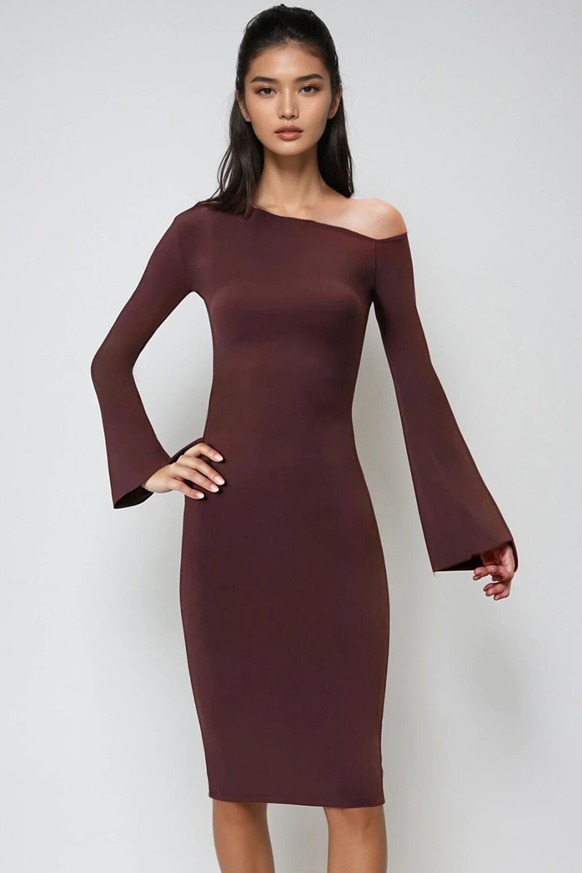 Asimetrik Yaka Beli Drapeli Sandy Elbise