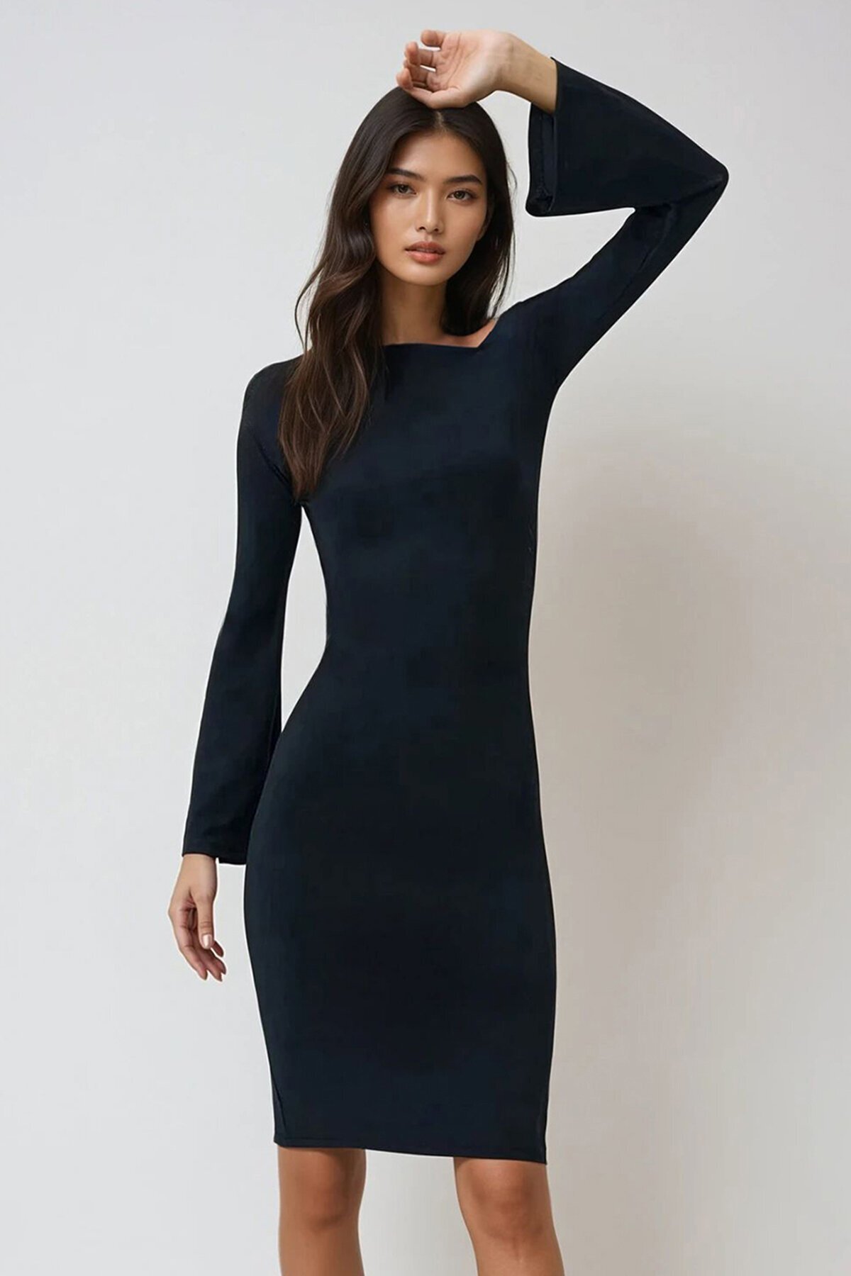 Asimetrik Yaka Beli Drapeli Sandy Elbise