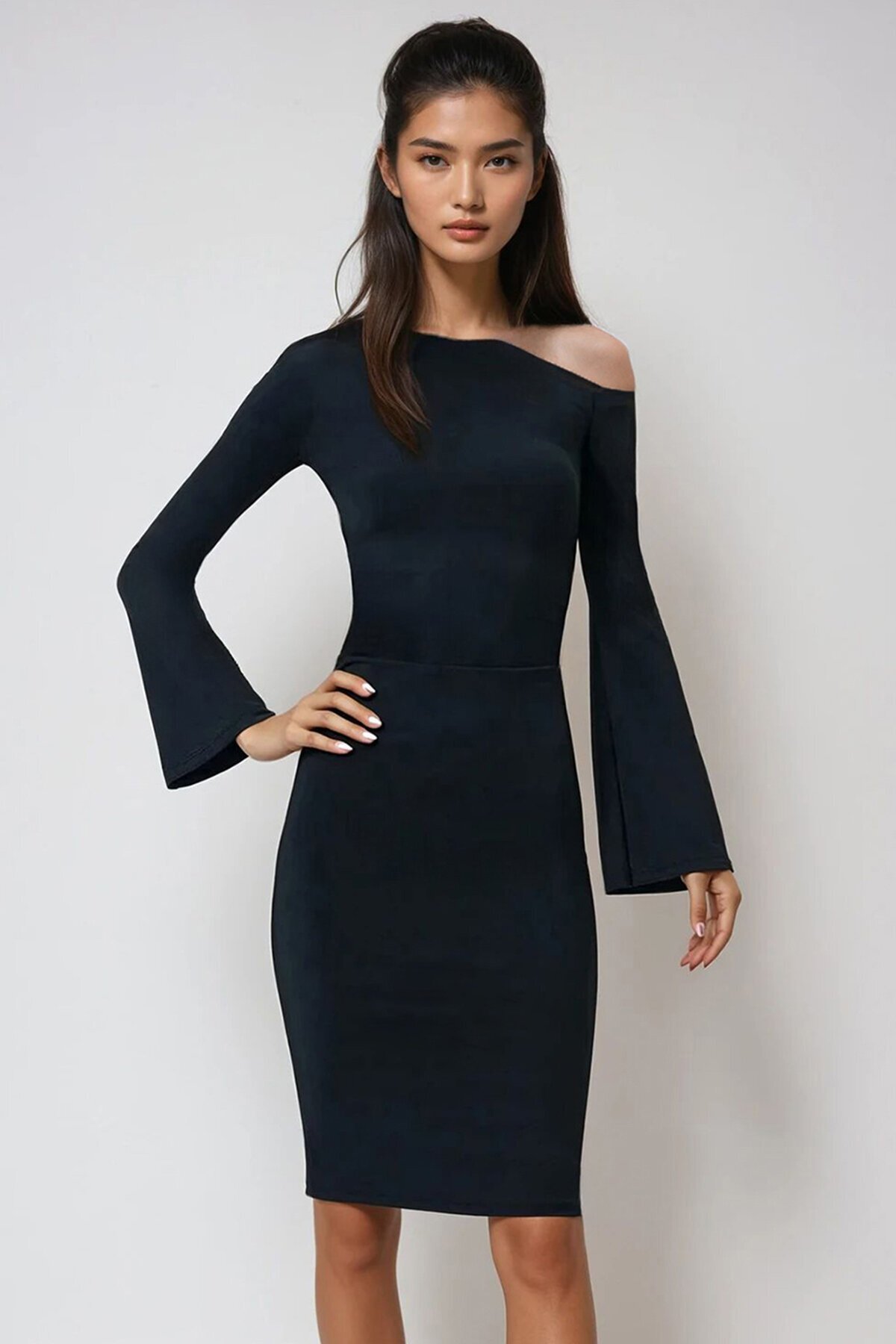 Asimetrik Yaka Beli Drapeli Sandy Elbise