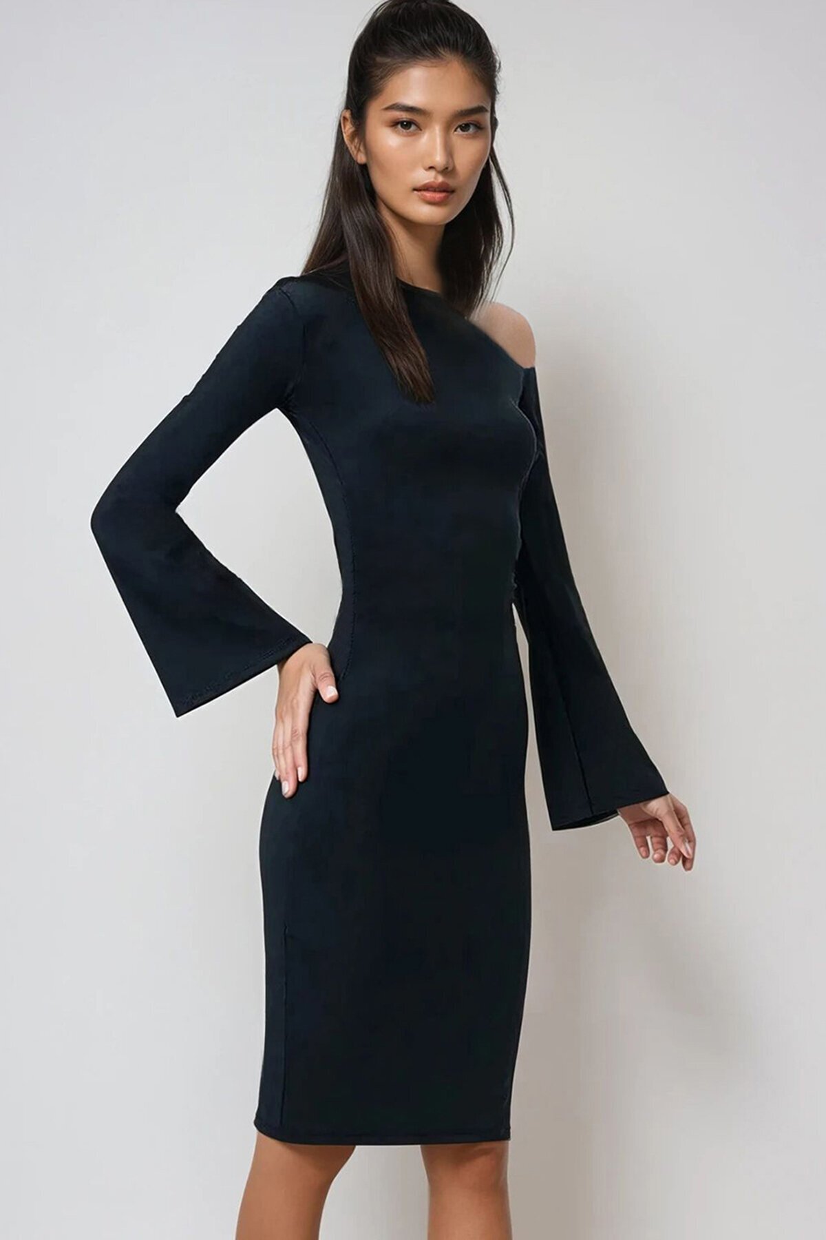 Asimetrik Yaka Beli Drapeli Sandy Elbise