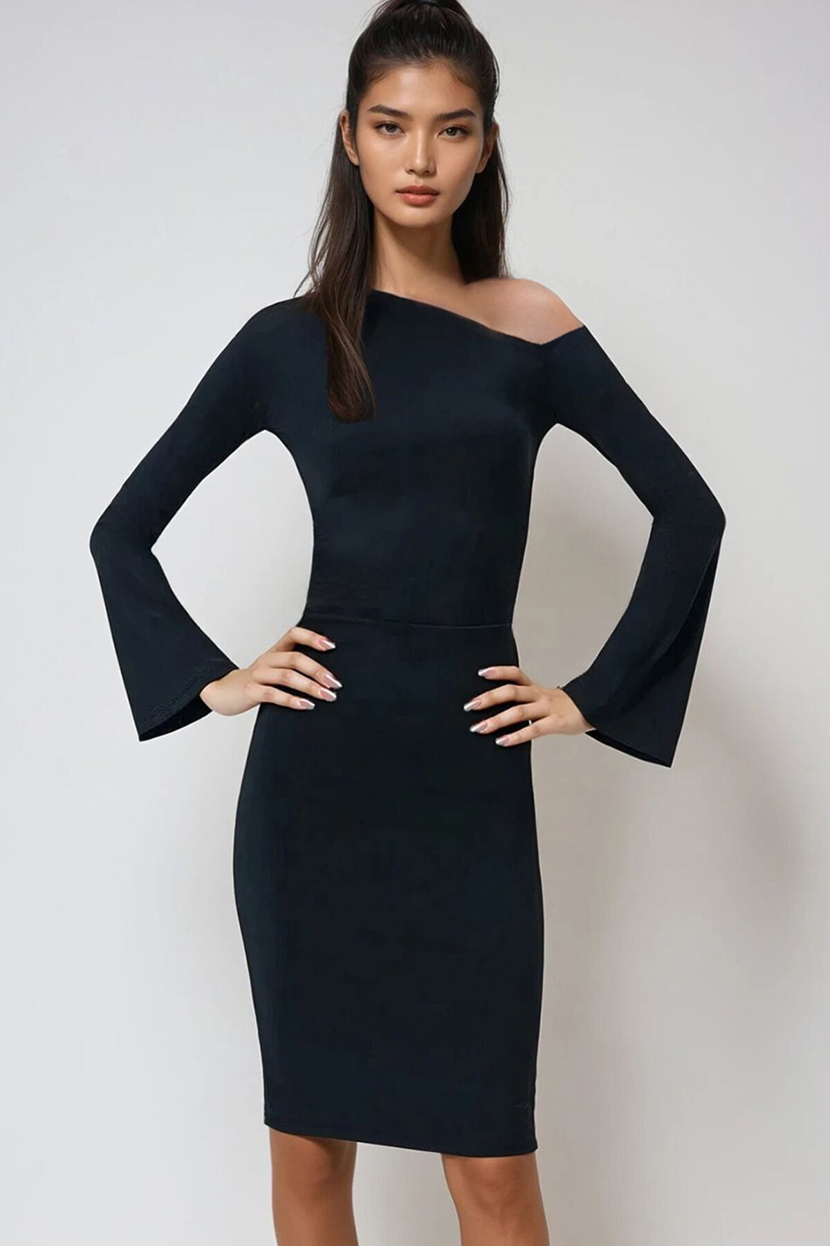 Asimetrik Yaka Beli Drapeli Sandy Elbise