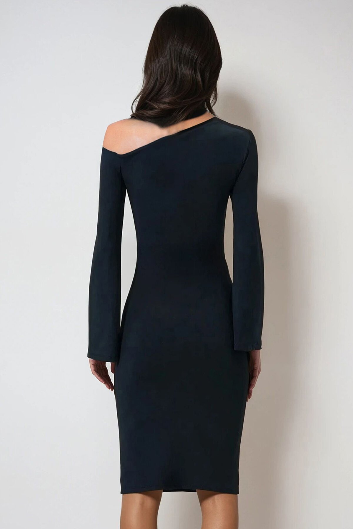 Asimetrik Yaka Beli Drapeli Sandy Elbise