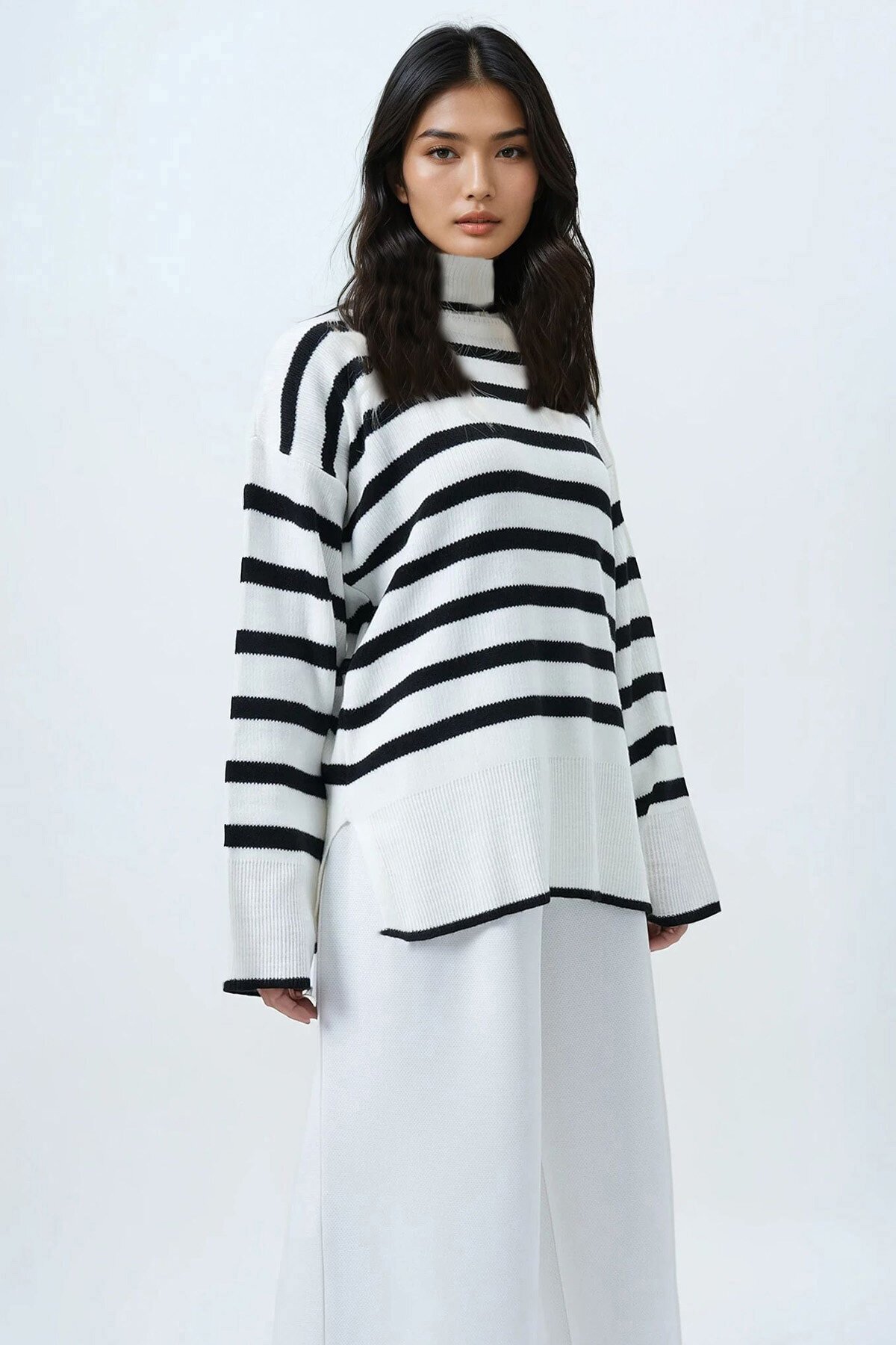 Balıkçı Yaka Çizgili Oversize Triko Kazak