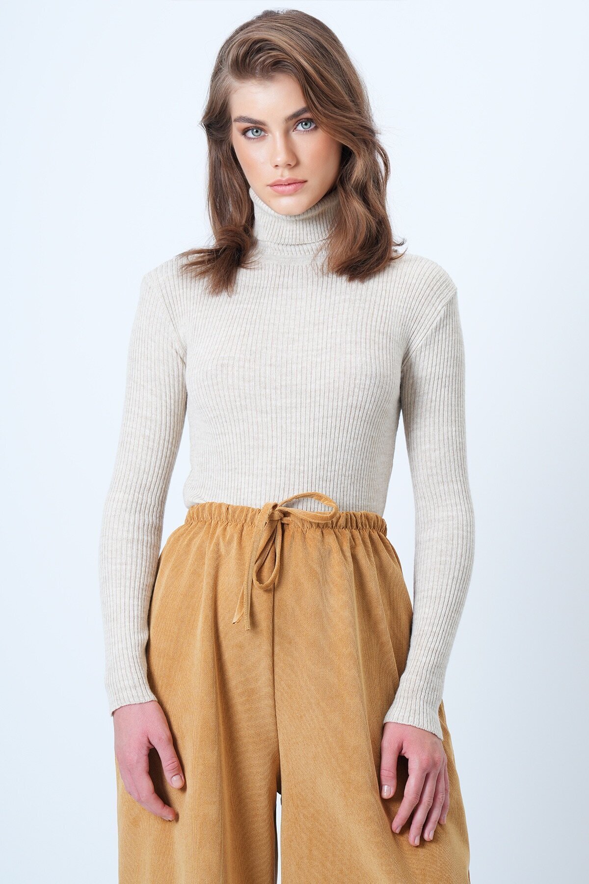 Balıkçı Yaka Fitilli Uzun Kollu Triko Kazak